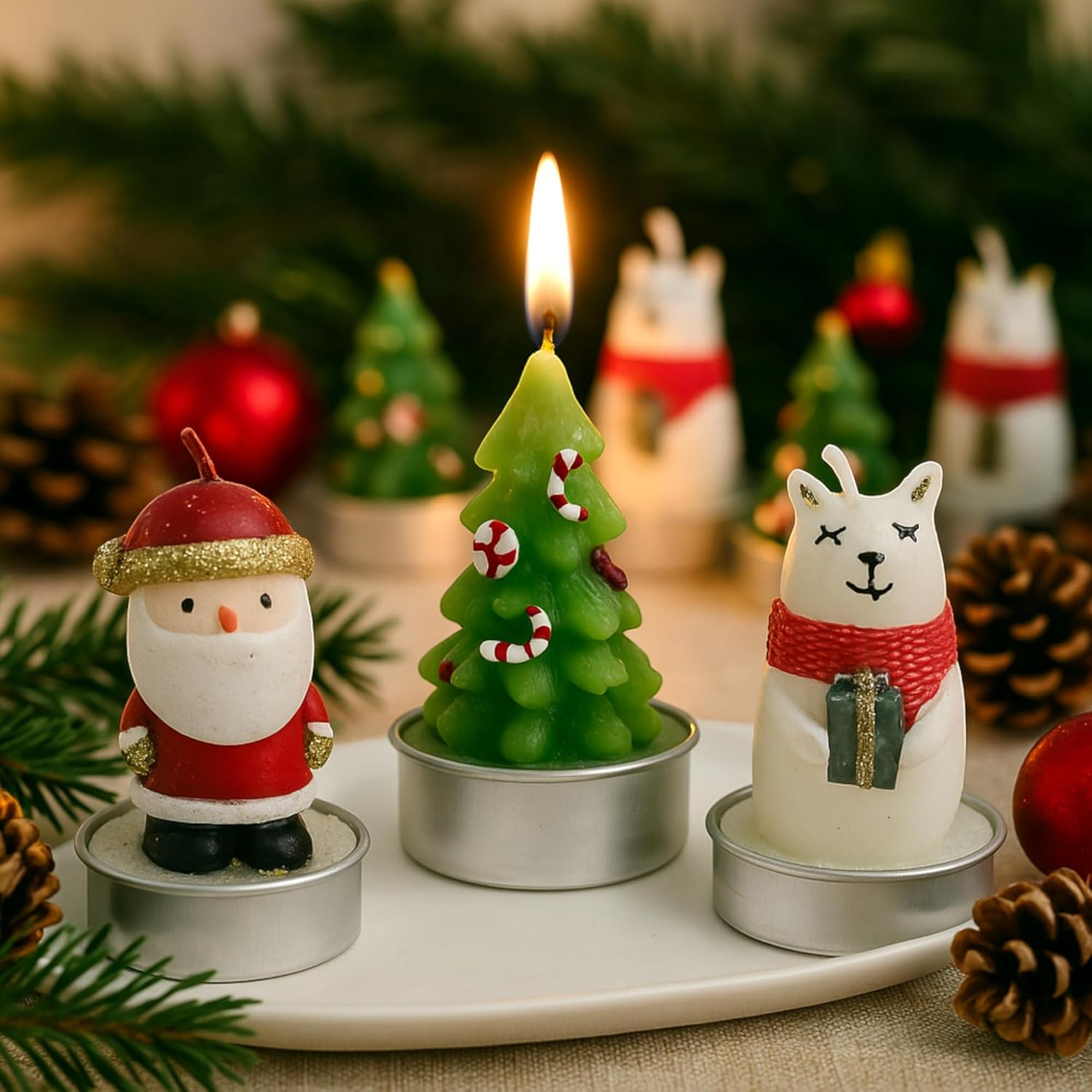 MIJOMA Christmas Tea Lights Set of 24 - Handmade Decorative Candles with Santa Claus Polar Bear Christmas Tree - Christmas Decoration Gift Idea with Long Burning Time