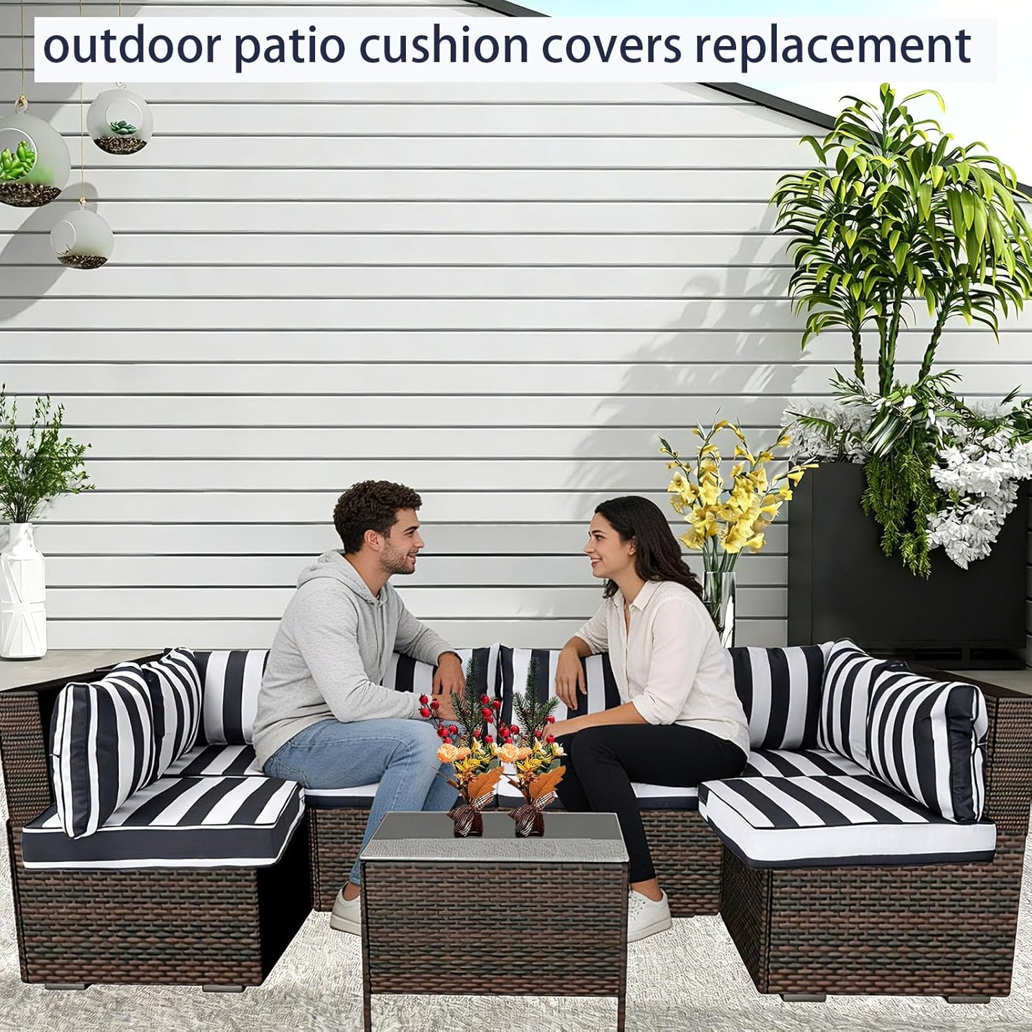 14 Piece Outdoor Patio Cushion Cover Replacement, Waterproof Outdoor Patio Cushion Covers, Outdoor Furniture Cushion Covers Set for 6 Seat Wicker Rattan Sofa (Balck+White Striped, 25.6*25.6*4 Inch) image number 4