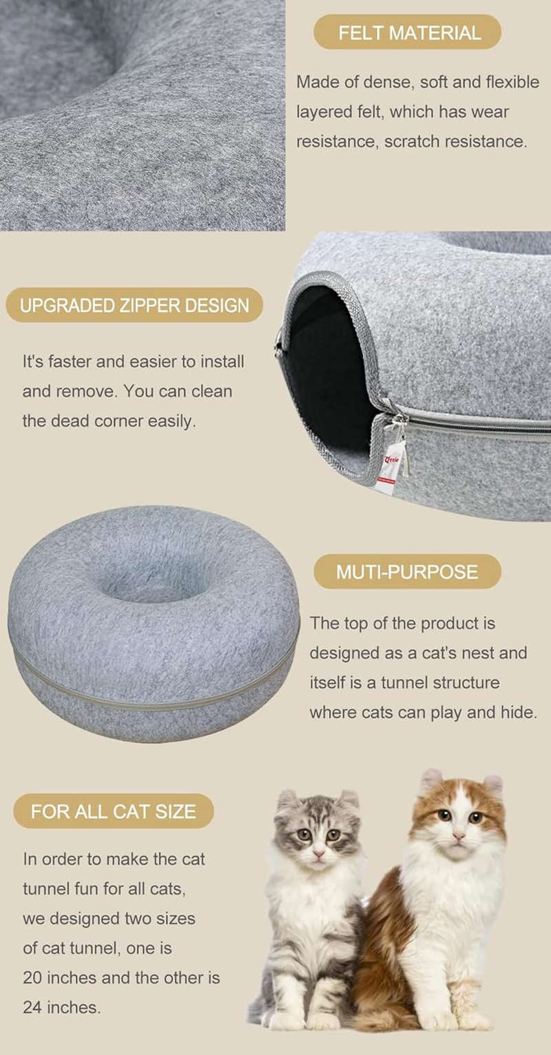 Cat Tunnel Bed for Indoor Cats - House Donut for Pet Cave, Detachable round Felt & Washable Interior Play Tunnel (60X60X27Cm, Light Grey) image number 4