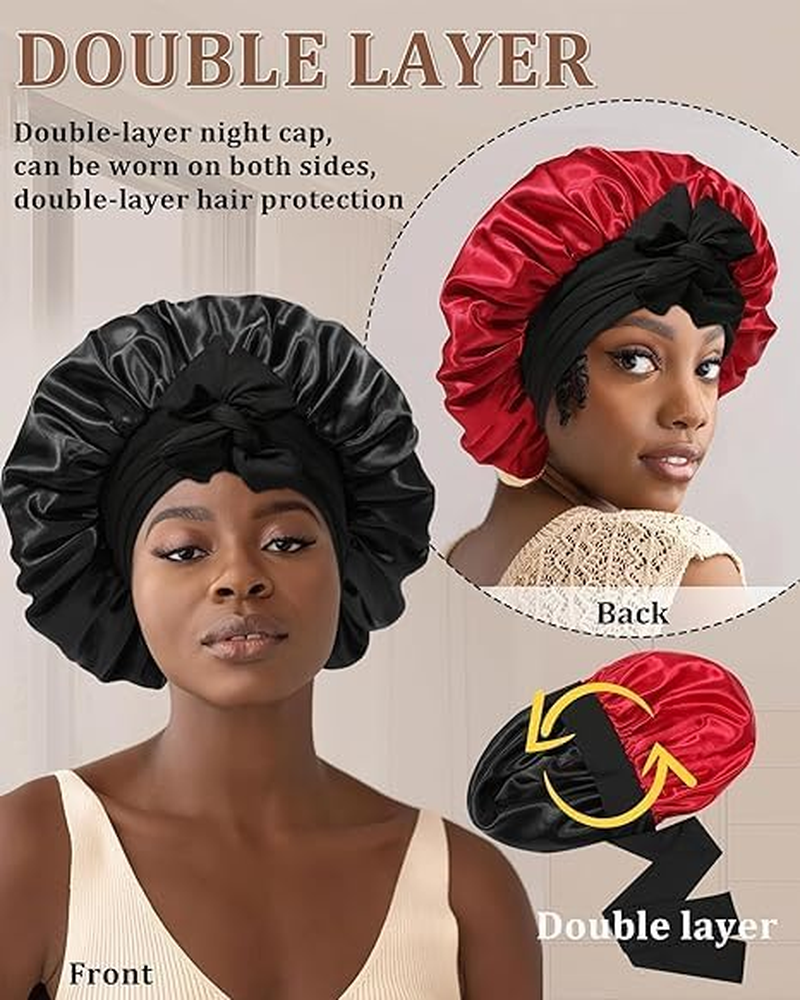 ZUJIACUN Large Satin Shower Cap, Double Adjustable Tie Strap to Protect Curly, Natural, Braided Hair - Perfect for Evening, Gym, Yoga (Black + Red)