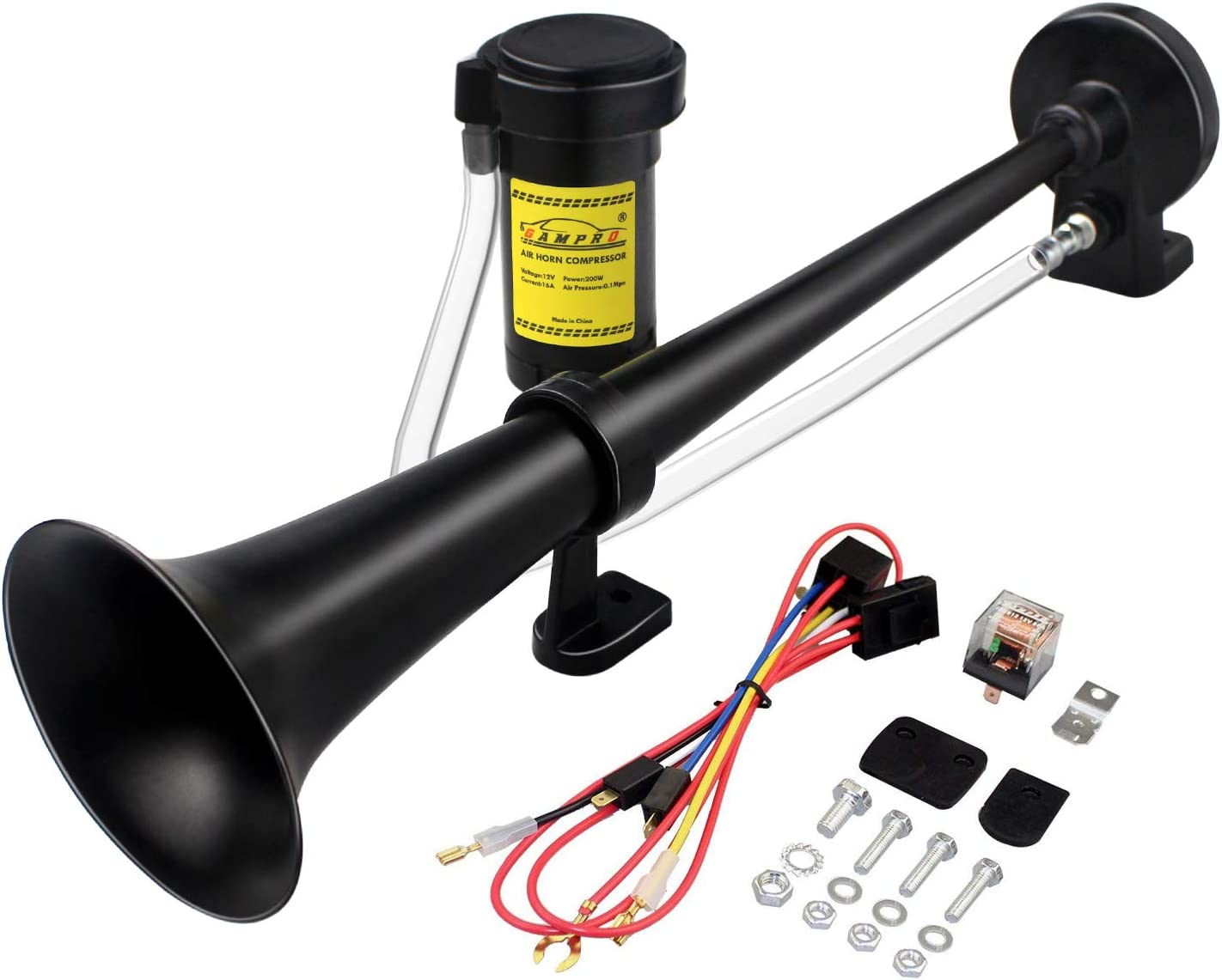 12V 150Db Air Horn, 18 Inches Chrome Zinc Single Trumpet Truck Air Horn with Compressor for Any 12V Vehicles Lorrys Trains Boats Cars (Black)