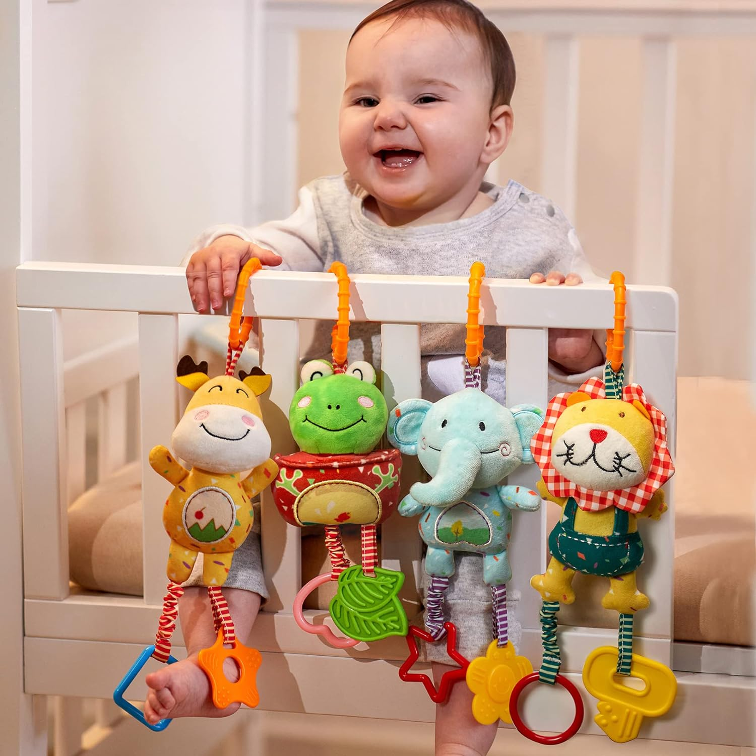 TUMAMA Baby Toys for 0, 3, 6, 9, 12 Months, Handbells Baby Rattles Soft Plush Early Development Stroller Car Toys for Infant, Newborn Birthday Gifts, 4 Pack image number 6