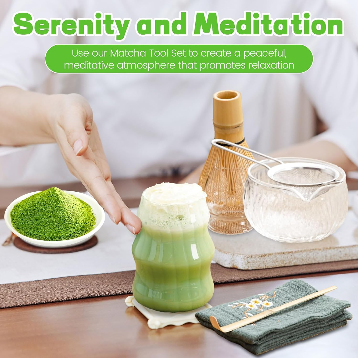 7Pcs Matcha Whisk Set, Clear Glass Japanese Matcha Tea Set Handcrafted Bamboo Matcha Whisk Set with Bowl & Cup & Whisk & Whisk Holder & Sifter for Tea Lovers