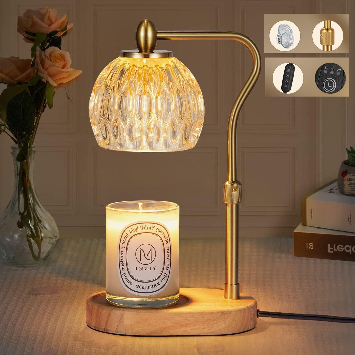 Candle Warmer Lamp with Timer & Dimmer - Height Adjustable for Scented Candles - Includes 2 50W Bulbs for Home Decor (Gold)