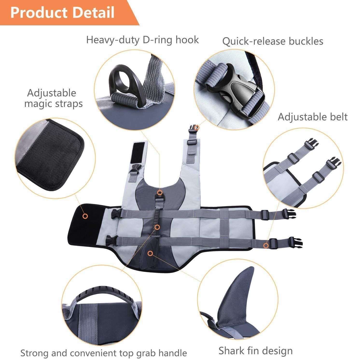 Ripstop Dog Life Jacket Pet Life Water Vest with Rescue Handle Life Safety Saver Preserver for Small Medium Large Dogs (Grey, M) image number 2