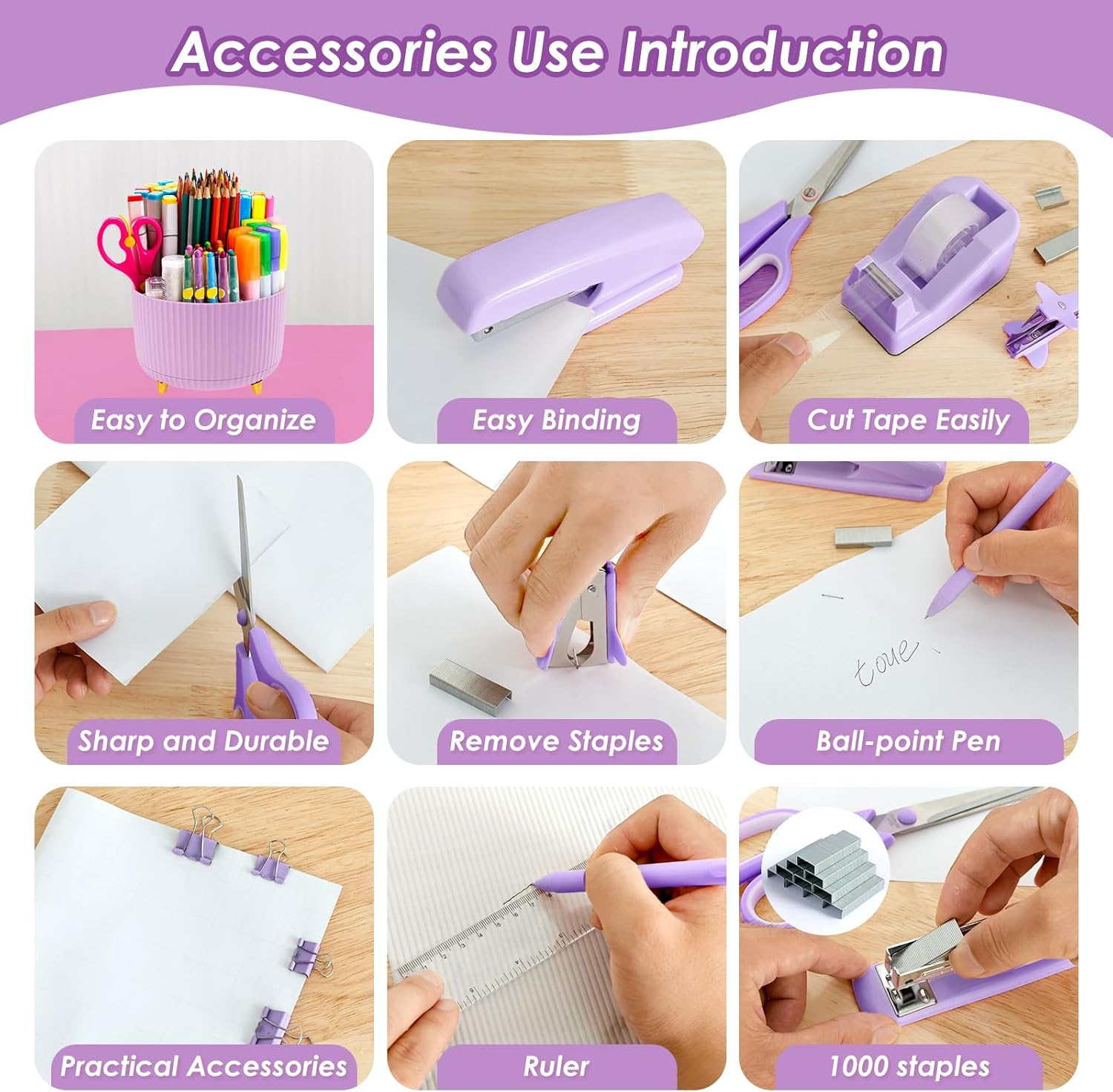 Office Supply Set, Convenient Stapler and Tape Dispenser Set, Office Supplies 360&deg;Pen Holder，Office Supplies Desk Accessories, Practical Office Supplies for Office Clerks (Purple) image number 6