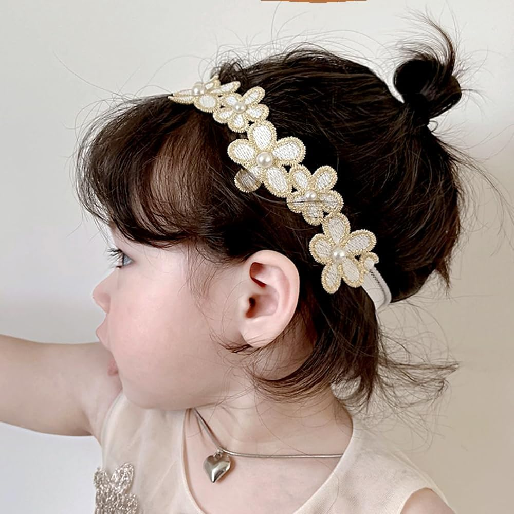 Baby Girl Gold Flower Lace Headband Toddler Elastic Floral Hair Band Newborn Infant Soft Lace Baptism Christening Hair Accessories for Birthday Party image number 1