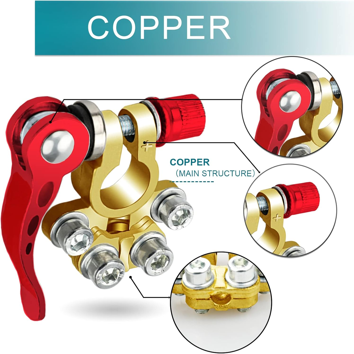 2PCS Battery Terminal Connectors, 4 Way Quick Release Disconnect Battery Terminals, Positive Negative Battery Cable Ends for SAE/JIS Type a Posts by ZONBANG (Copper) - Copper image number 6