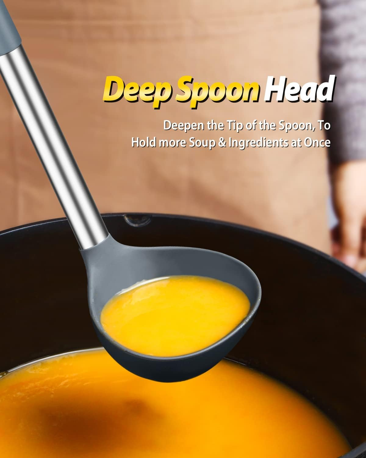 Silicone Pasta Fork and Ladle Spoon Set, Large Non Stick Kitchen Utensils for Cooking,Stirring,Serving Spaghetti, Soup, Sauce (GRAY) image number 3