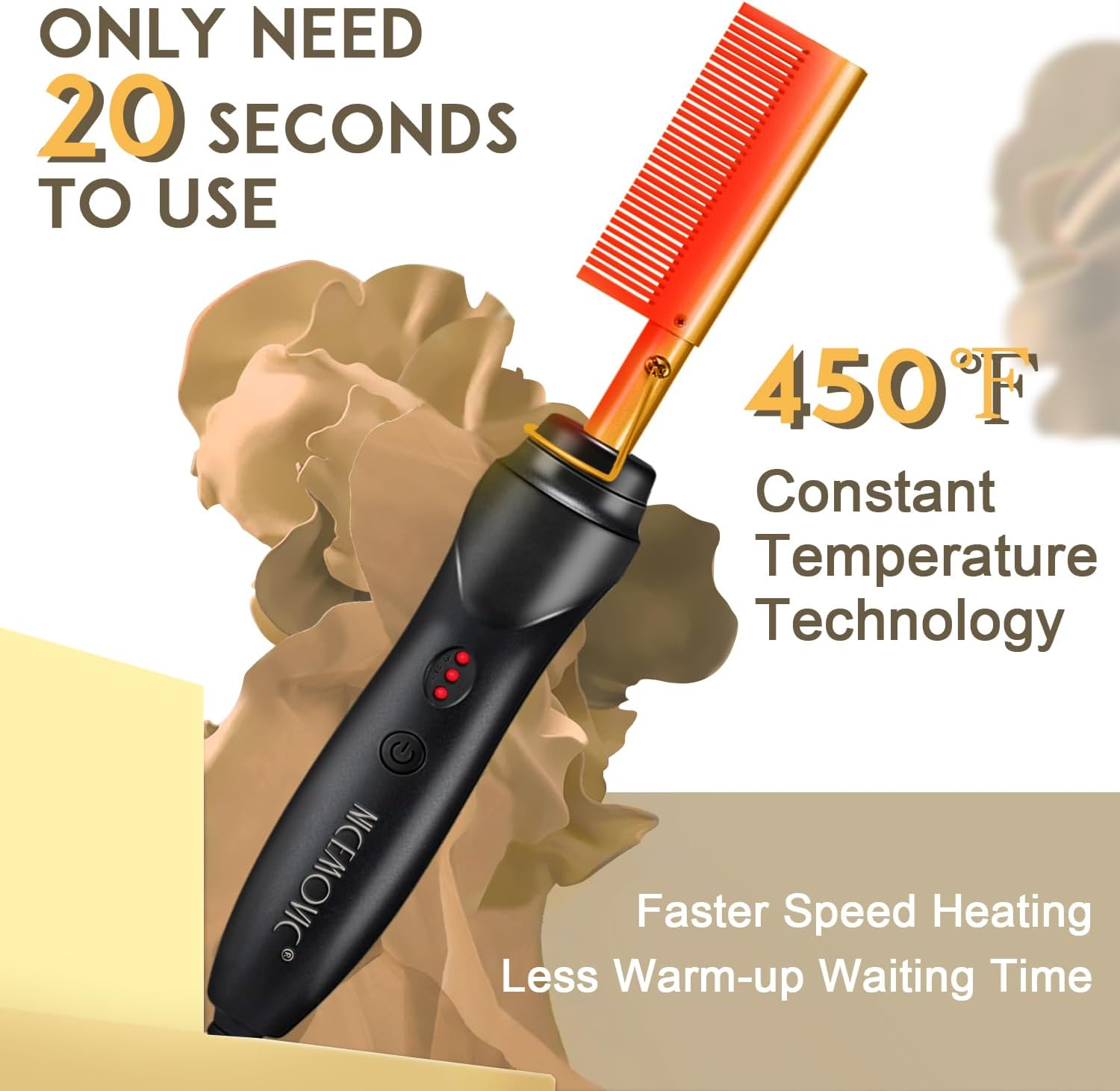 NICEMOVIC Ceramic Heating Hair Straightener Comb - Hot Pressing Brush for Natural Black Hair, Beard Wigs, and Curling (Gold) image number 4