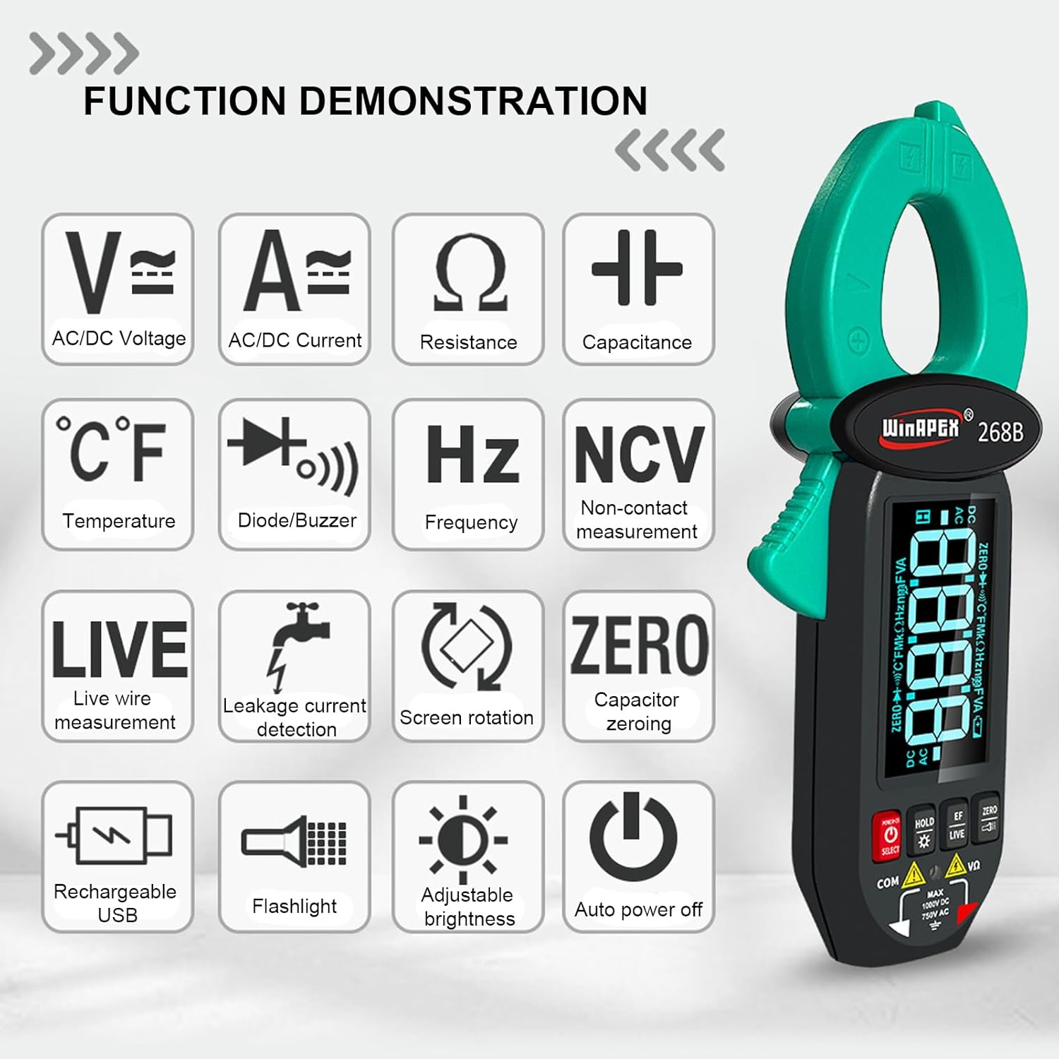 Digital Clamp Meter Multimeter: 6000 Counts Amp Voltage Tester Auto-Ranging with AC/DC Voltage, Capacitance, Resistance, Ohm, Continuity, Diode, Hz, Temp Test image number 4