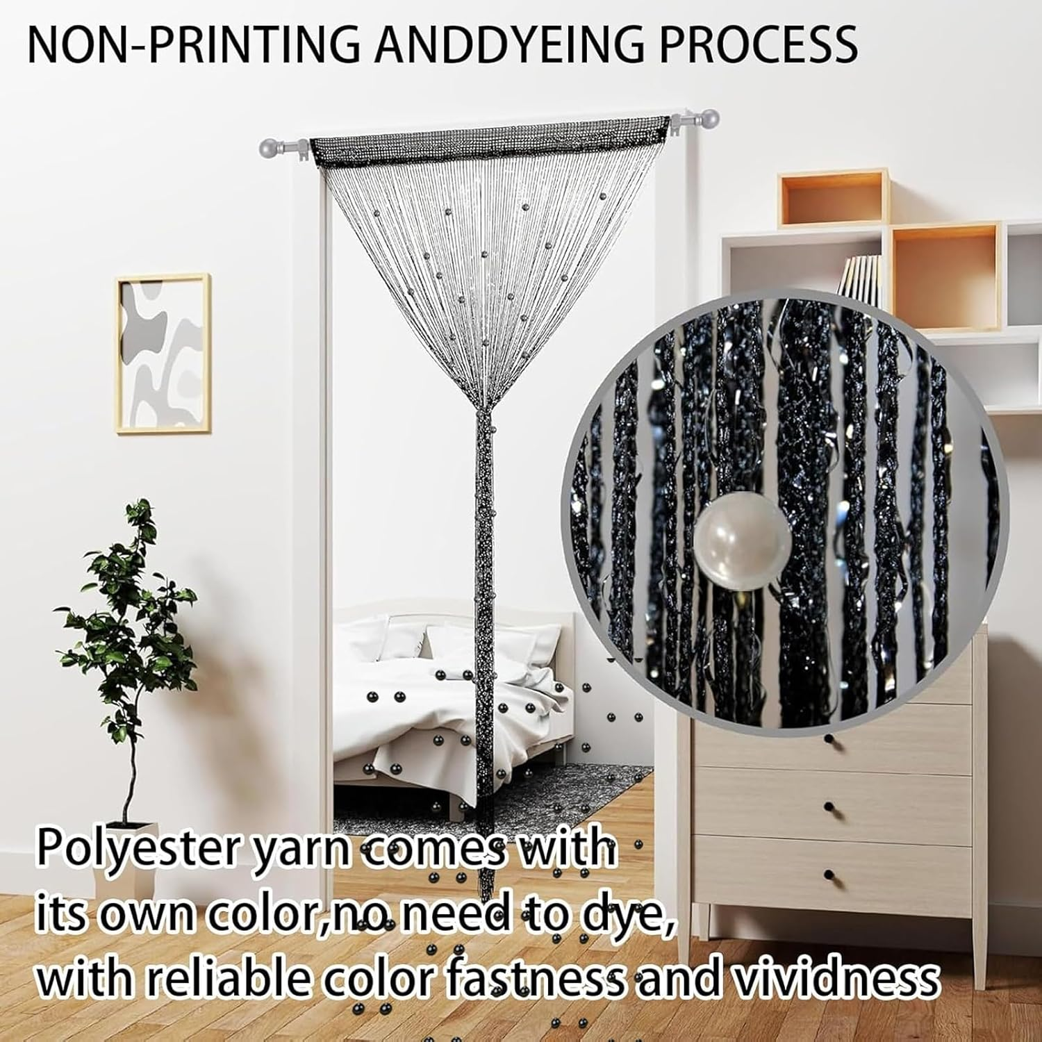 Elevapulse Fly Curtain Patio Door 200 X 100 Cm - Pack of 2 Insect Protection Door Curtain with Beads, Balcony Door, Fly Screen Made of Polyester Glitter, Black image number 5