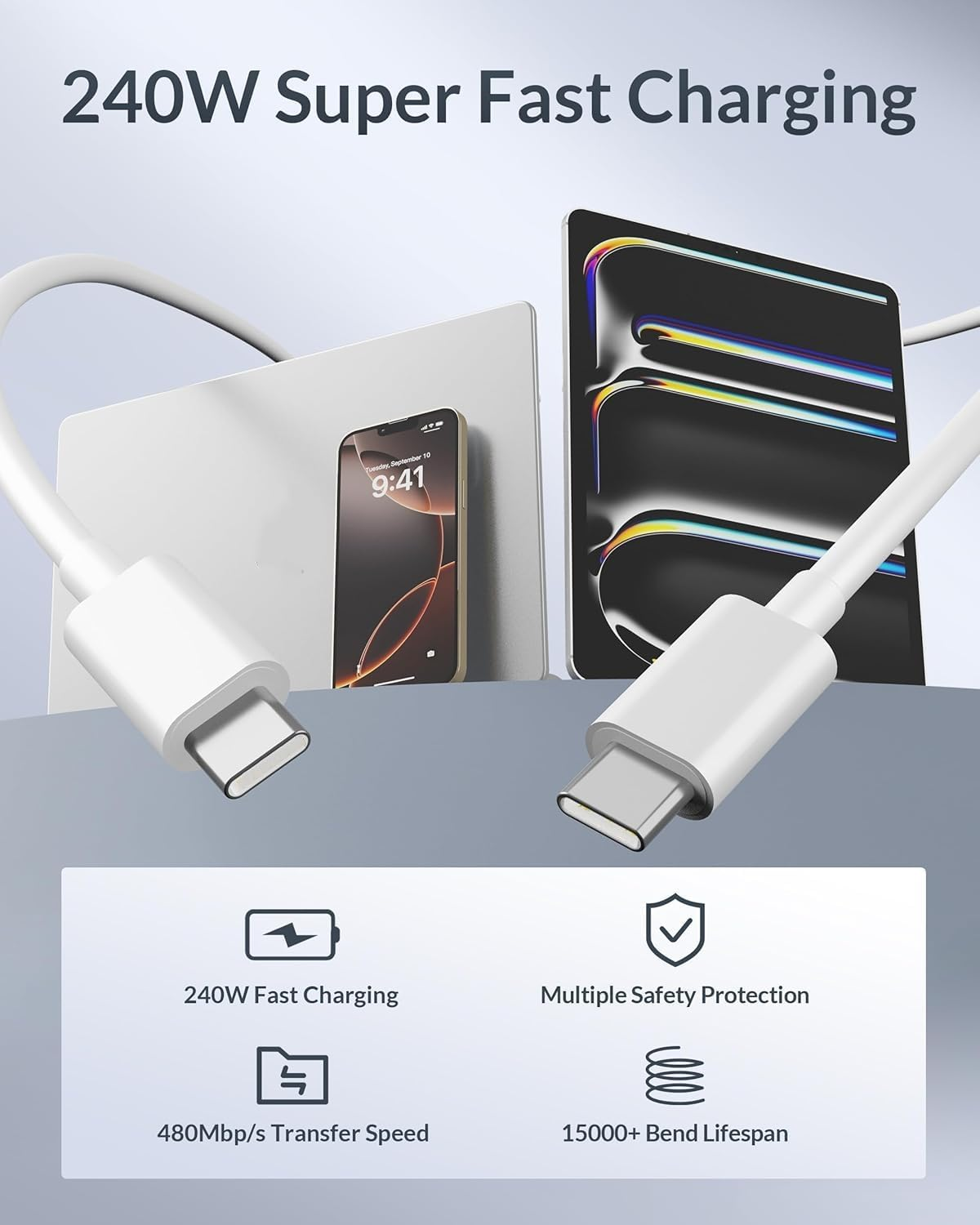 2Pack 240W USB C Cable, 2M/6.6Ft C to C Cable Fast Charging for Macbook Pro/Air & for Iphone 16/15 Pro Max,Macbook Pro/Air,48V/5A Super Fast Charger Cord Compatible 140W/100W /65W/45W/35W/20W image number 2