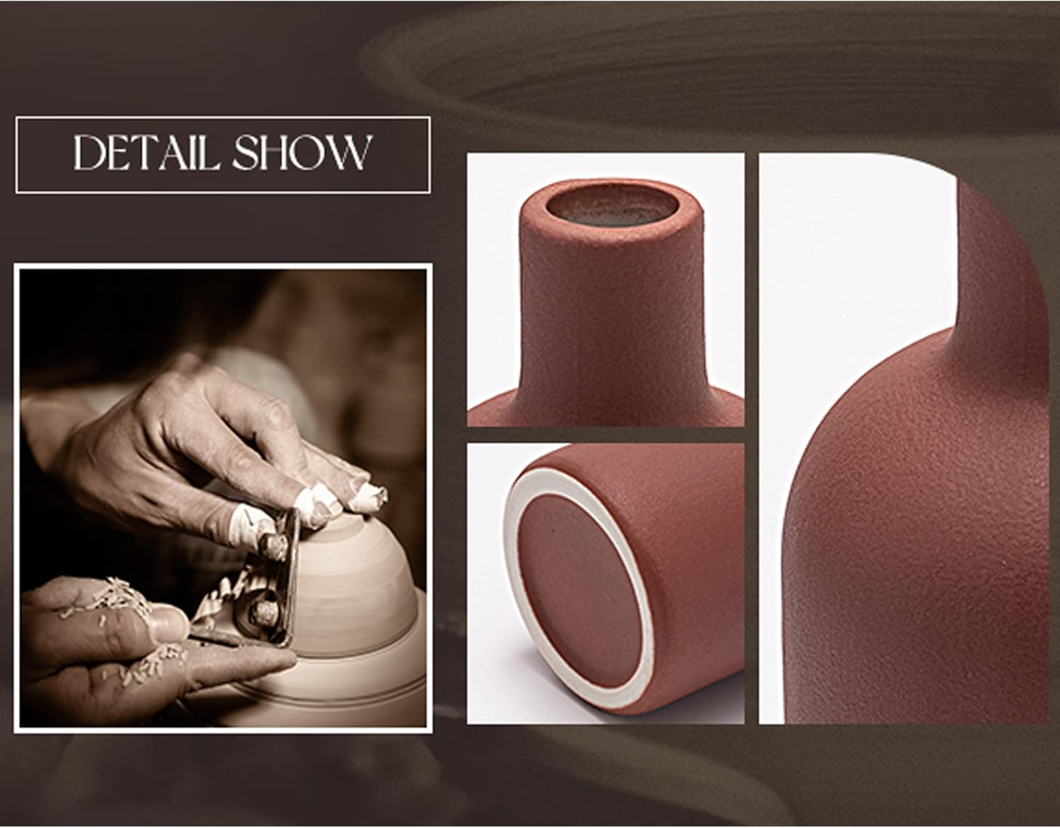 Ceramic Vase Set of 4, Classic Matte Flower Vases for Home Decor, Bookshelf, Bathroom, Living Room (Red/Green/Dark Brown/Grey) image number 4