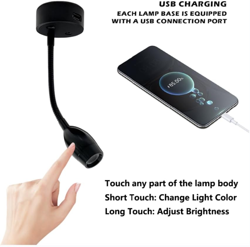 12V RV Reading Light LED Bedside Light Spotlight with 5V/2A USB Charging Port Dual Lighting Mode Touch Dimmable Flexible Gooseneck Wall Lamp for Boat, Motorhome, Camper Caravan Van (2PACK) image number 3