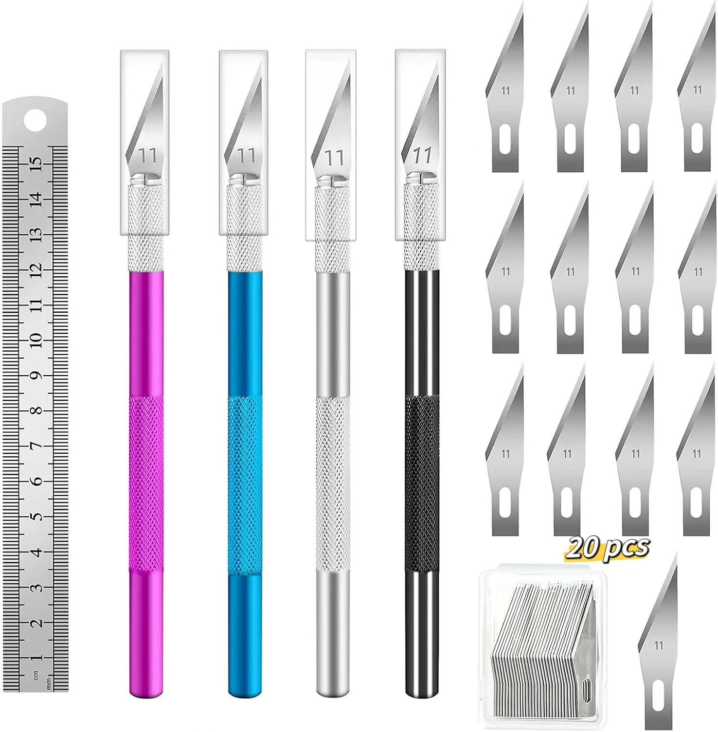 4 Pcs Exacto Knife Hobby Knife Precision Craft Knife.With 20 Stainless Steel Blade Kit Steel 15CM Ruler for Carving Art Scrapbooking Stencil Architecture Modeling Felt Wood Leather DIY Work Cutting