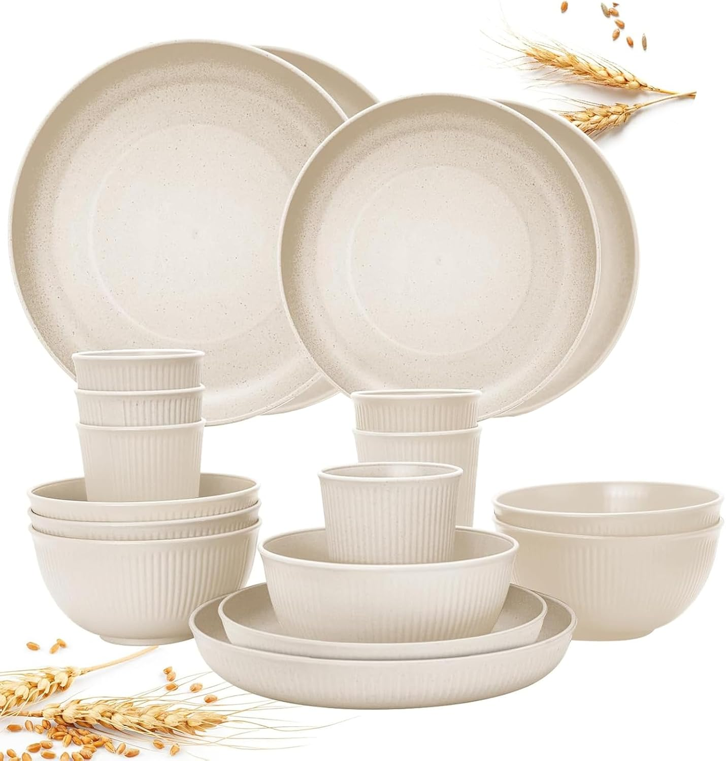 18Pcs Wheat Straw Dinnerware Sets, KELIOO Kids Plastic Plates and Bowls Cups Set, Unbreakable Reusable Dinnerware Microwave Safe Dishes Set for Kitchen, Dorm, Camping, RV, Picnic (Beige) image number 4