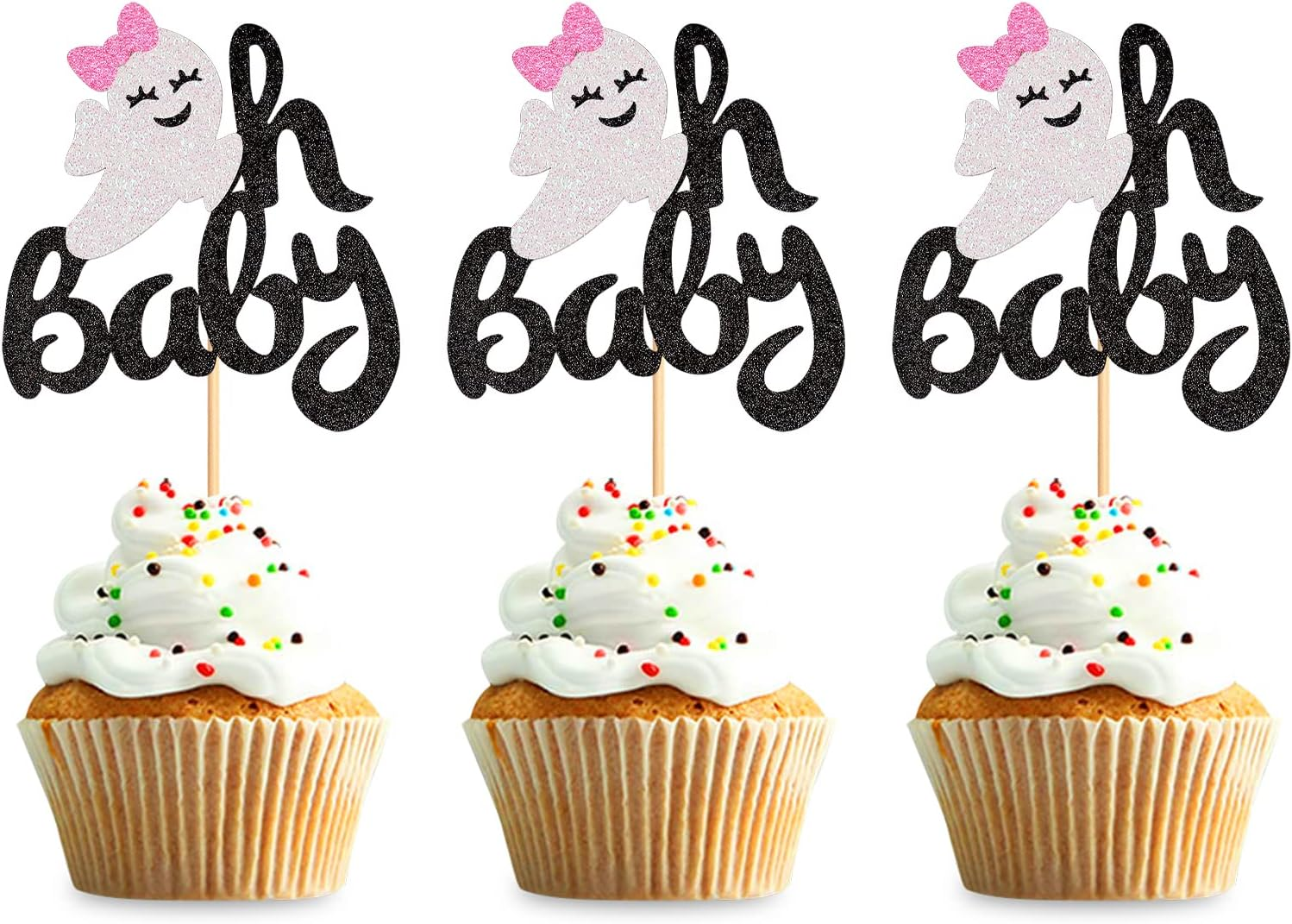 24 Pack Ghost Oh Baby Cupcake Toppers Halloween Cupcake Picks Pink Bow Ghost Oh Baby Cupcake Decors for Halloween Theme Baby Shower Birthday Party Cake Decorations Supplies