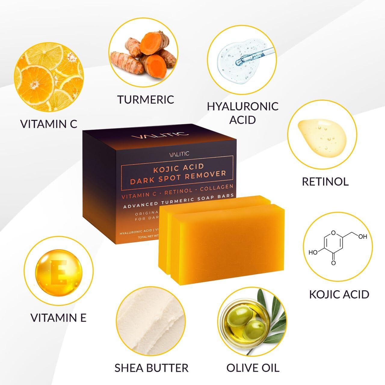 VALITIC Kojic Acid Dark Spot Remover Soap Bar with Vitamin C,Retinol,Collagen,Turmeric - Original Japanese Complex Hyaluronic Acid,E,Shea Butter,Castile Oil (2 Pack) with Holder,Pack of 3,3.5 Ounces image number 6