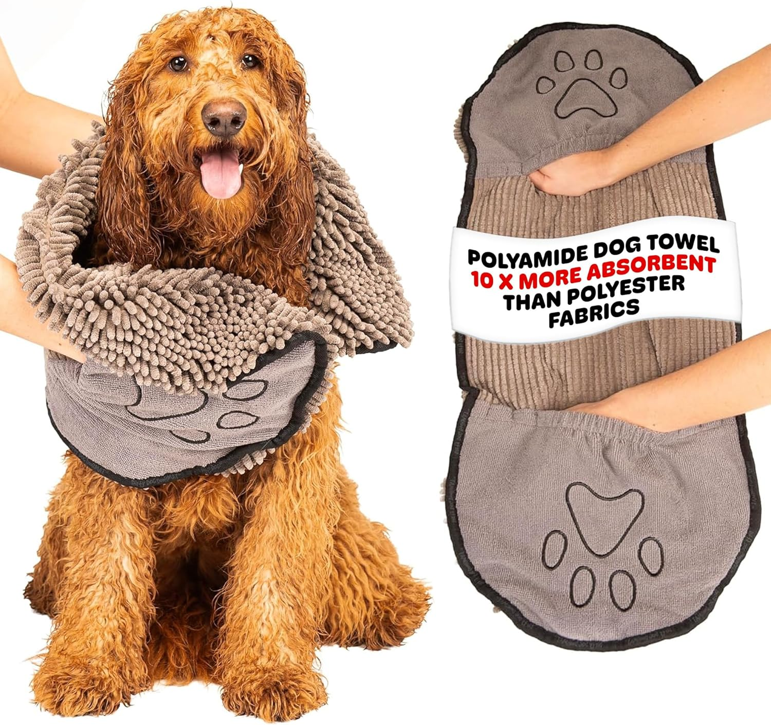 The Original Dirty Dog Shammy Ultra Absorbent Microfiber Quick Drying Towel with Hand Pockets for Wet Dog Handling and Grip Is Perfect for Bath, Rain, Beach