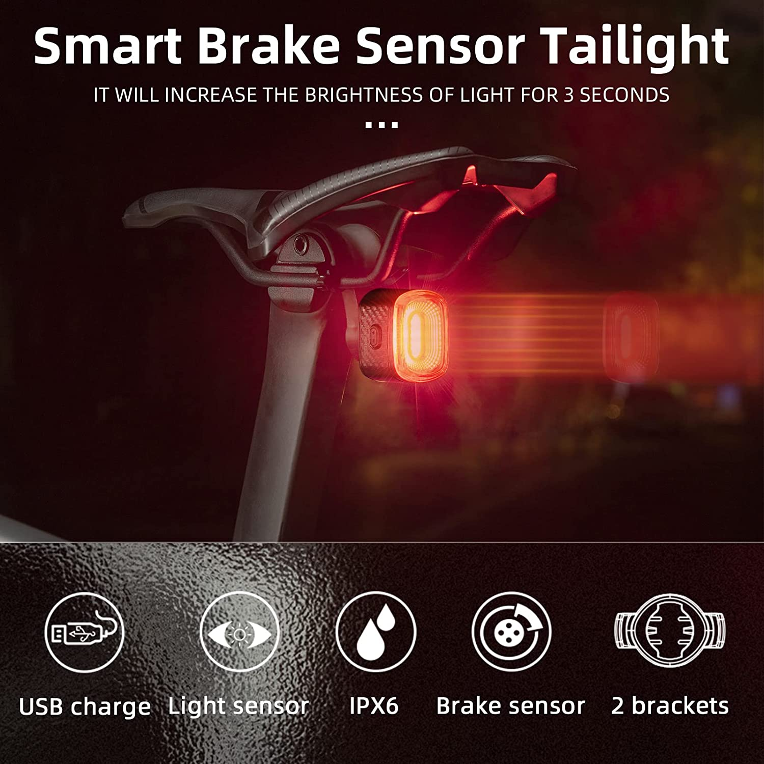 ROCKBROS Smart Bike Tail Light for Night Riding Brake Sensing Bicycle Rear Lights USB Rechargeable IPX6 Waterproof Bright LED Bike Light 260Mah Cycling Safety Road Biketaillight Accessories 4 Modes image number 1