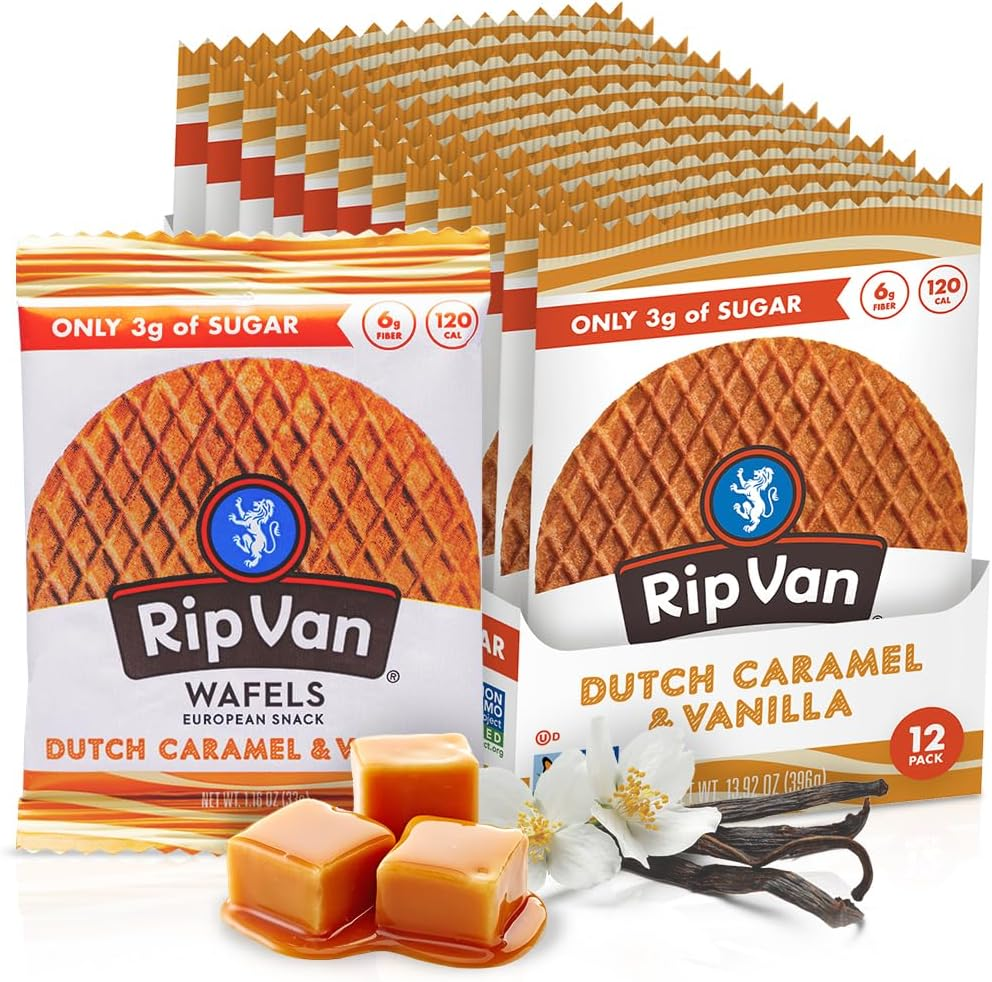 Rip Van Wafels Dutch Caramel & Vanilla Stroopwafels - Healthy Snacks - Non GMO Snack - Keto Friendly - Office Snacks - Low Sugar (3G) - Low Calorie Snack - 12 Count (Packaging May Vary) image number 3