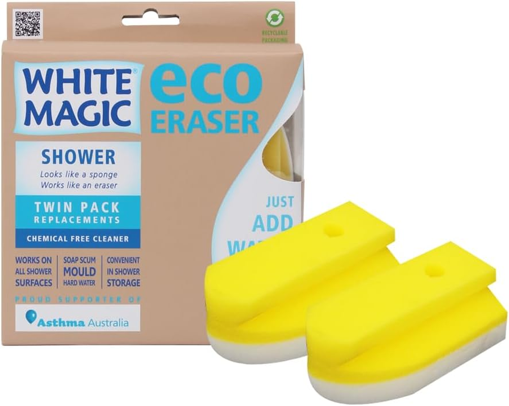 White Magic Shower Eraser Sponge Refill Twin Pack &ndash; 15X8X4.8Cm, Chemical-Free Cleaning, Removes Soap Scum & Hard Water Stains, Micro-Abrasive Fibers, Eco-Friendly & Reusable, Includes Suction Hook
