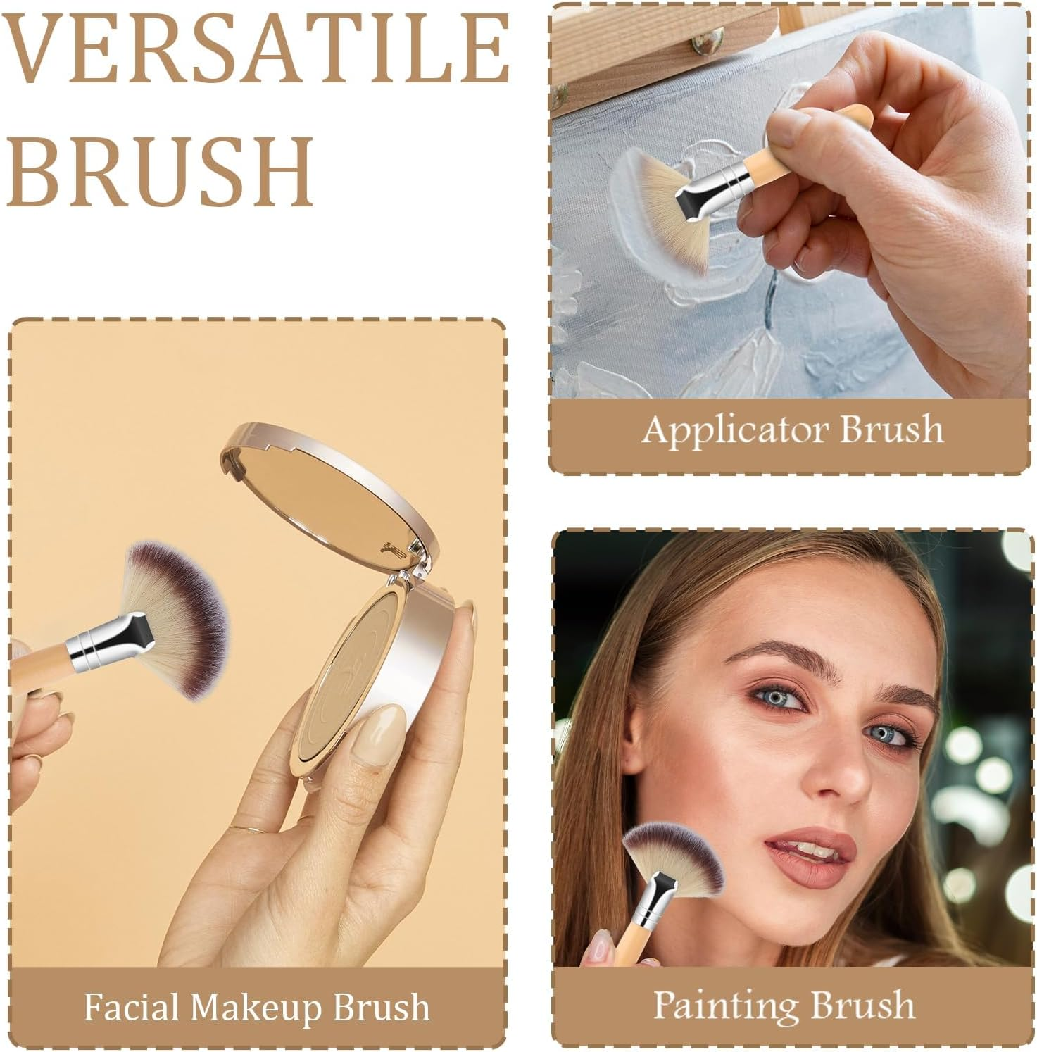 Small Fan Brush, 2 PCS Fluffy Facial Brush Cosmetic Tools Esthetician Supplies Face Applicator for Women Girls Esthetician Makeup Face Cleaning Painting Watercolor Canvas (Brown) - Brown image number 3
