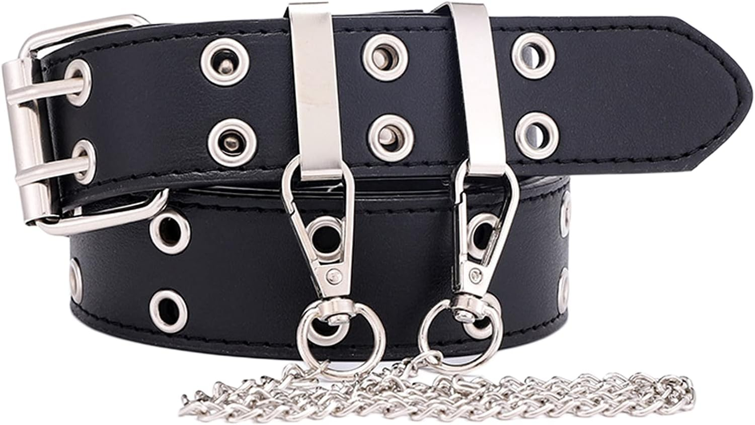 Kowaku Double Grommet Belt for Women Men Leather Punk Rock Adjustable Belts Double Prong Buckle Eyelet Hollow Waist Belt - Black image number 3