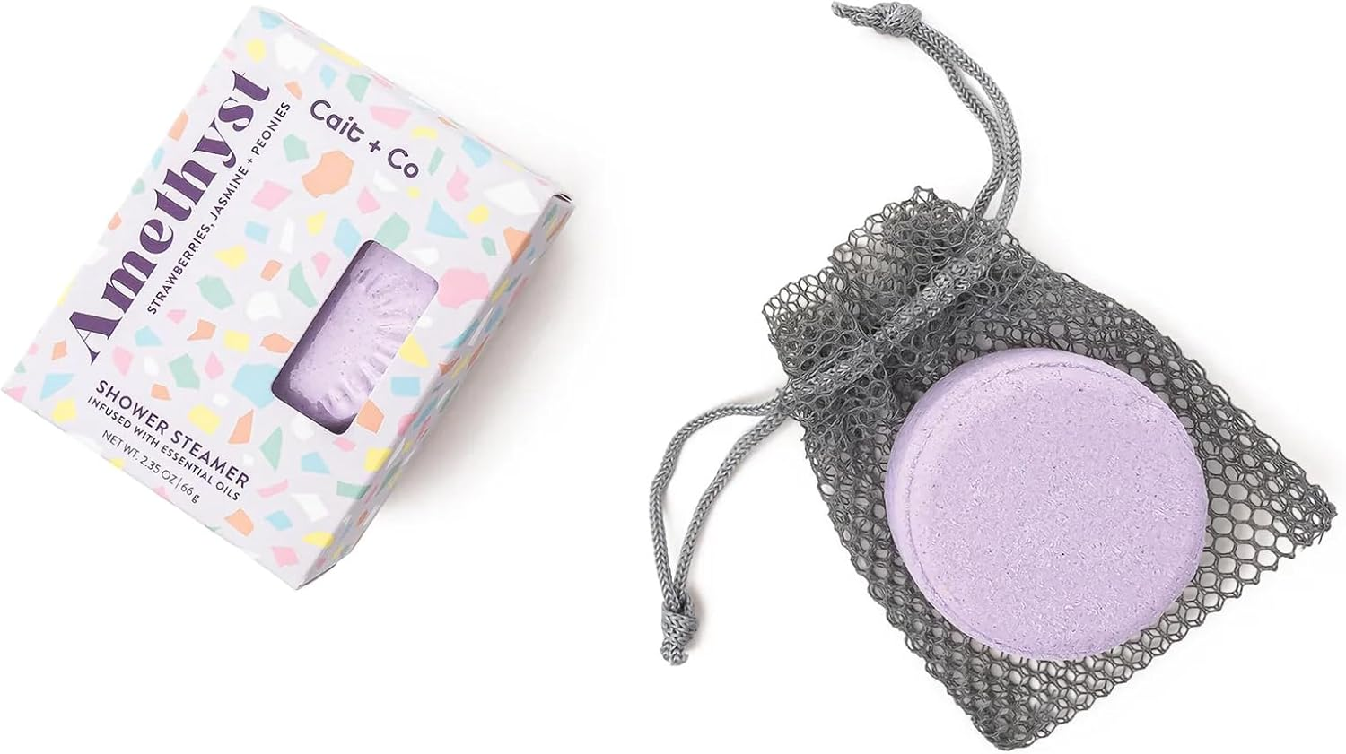 Cait + Co Aromatherapy Essential Oil Infused Shower Steamer with Mesh Bag, Strawberry and Jasmine Scent, Amethyst - Pack of 2 image number 3