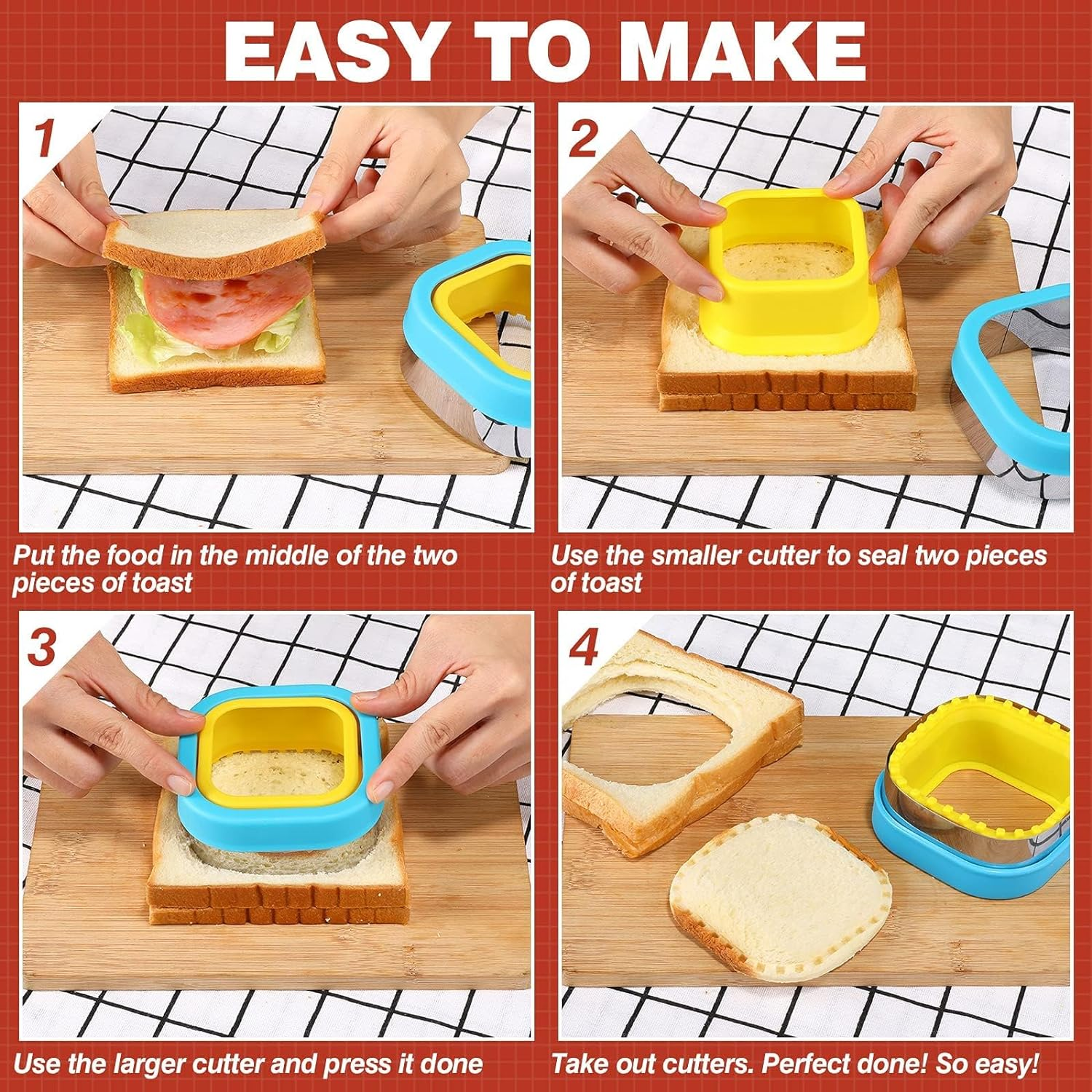 4 Pcs Sandwich Cutter and Sealer Set Uncrustables Maker Bread Decruster Sandwich Cutter Pancake Maker Heart Square Circle Dinosaur Shape DIY Cookie Cutters for Kids Adult Boys Girls image number 1