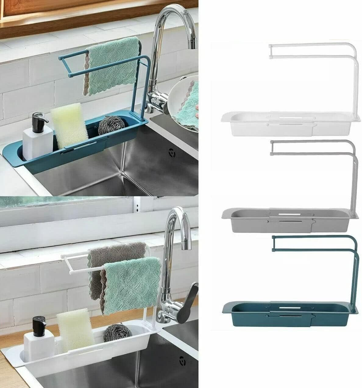 Telescopic Sink Rack Holder Expandable Storage Drain Basket Home Kitchen Kit, Multifunctional Drain Basket, Durable PP Material - Blue image number 7