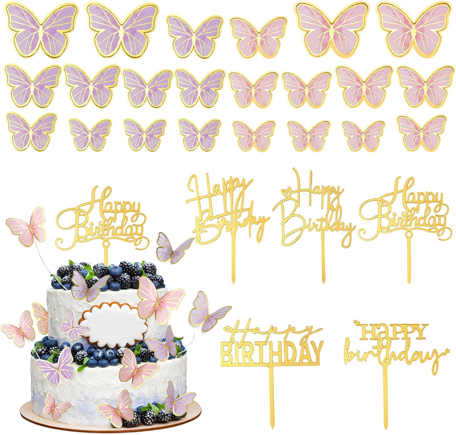 88Pcs Butterfly Cake Toppers, 5Pcs Gold Acrylic Happy Birthday Cake Toppers, Mixed Size 3D Butterfly Cake Decorations for Cupcake Wedding Birthday Party Decor (Purple & Pink) image number 6
