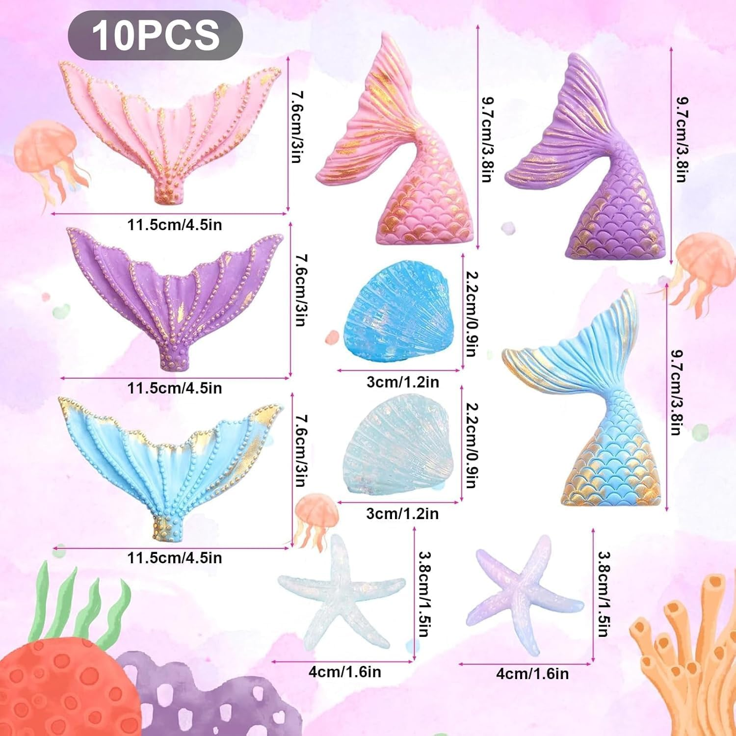 10 Pcs Mermaid Cake Topper Set, Mermaid Tail Cake Decorations for under the Sea Princess Theme Party, Includes Seashell Starfish Cake Toppers for Birthday Celebration image number 4