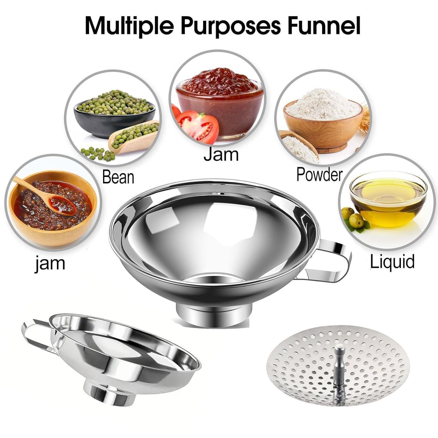Yharnamite 2 Pcs Canning Funnel with 1 Pcs Strainer, Wide Mouth Metal Funnels for Kitchen Use, Stainless Steel Funnels for Filling Bottles