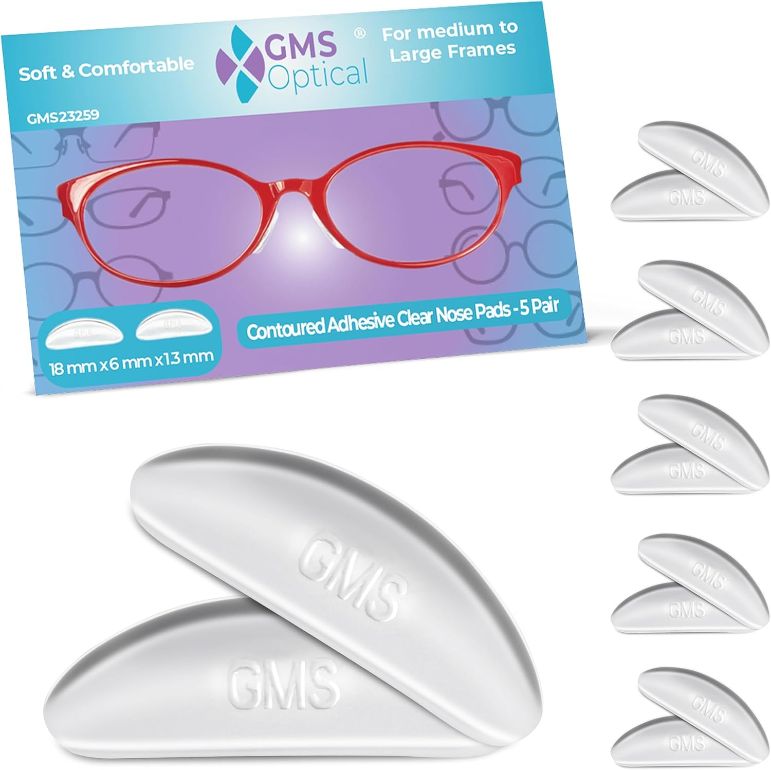 GMS Optical&reg; 1.3Mm Ultra-Thin Anti-Slip Adhesive Contoured Silicone Eyeglass Nose Pads with Super Sticky Backing - 5 Pair (Clear - 2 Pack)