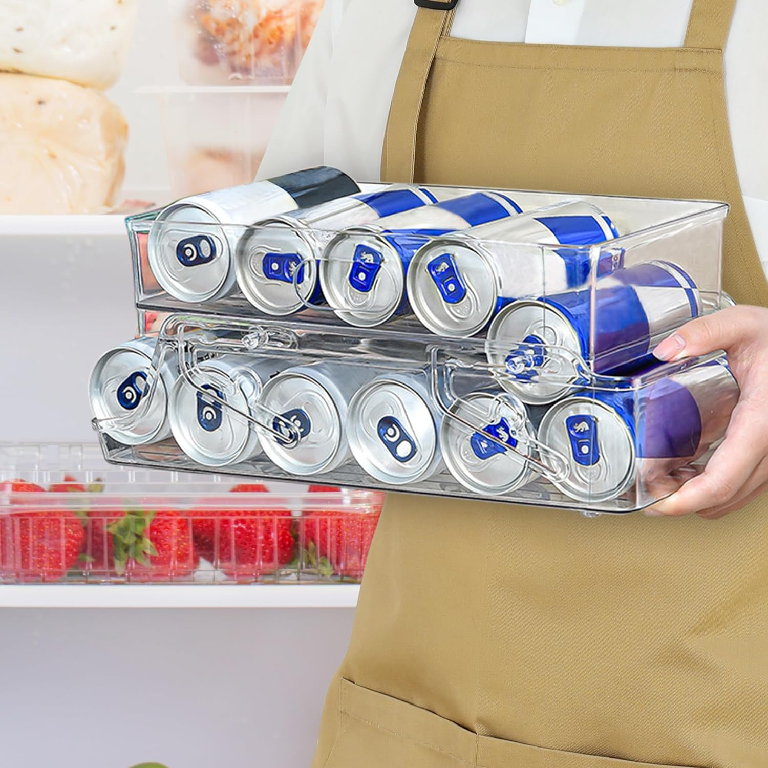 Can Rolling Dispenser, Can Holder, 2-Tier Fridge Organiser, Drink Dispenser, Beer Storage, Soda Drink Storage, Beverage Dispenser, for Fridge Kitchen Home Freezer Pantry Countertop Cabinets