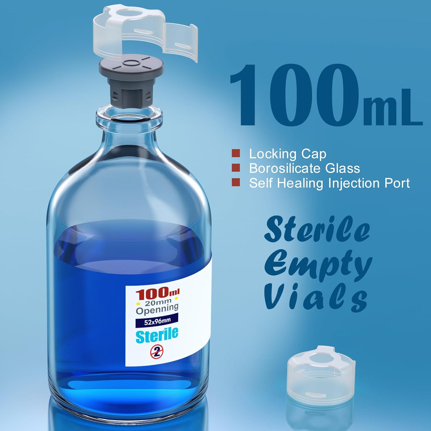 ZHANXUBIO Sterile Glass Vials with Sealing Cap and Self-Healing Butyl Rubber Injection Port, Buckle Cover, Sample Vials, Individually Sterilised, Pack of (4Pcs.100Ml)