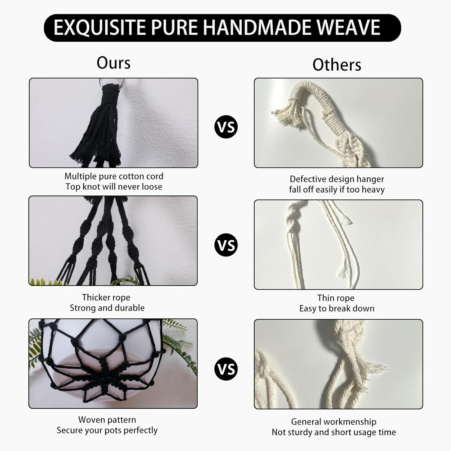 Artilady Black Plant Hanger Macrame Hanging Planter for Indoor Boho Plants Holder with Hooks Hanging Plant Basket Outdoor Window Wall Plants Home Decor - Black Macrame image number 5