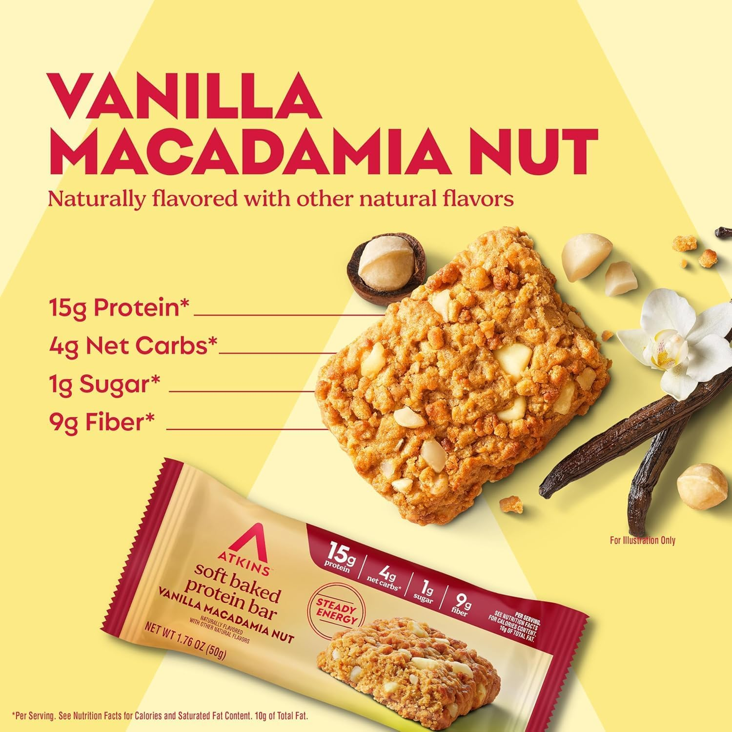 Atkins Soft Baked Protein Bars, Vanilla Macadamia Nut, 15G Protein, 1.1G Sugar, Excellent Source of Fibre, Low Carb, 4 Pack image number 1