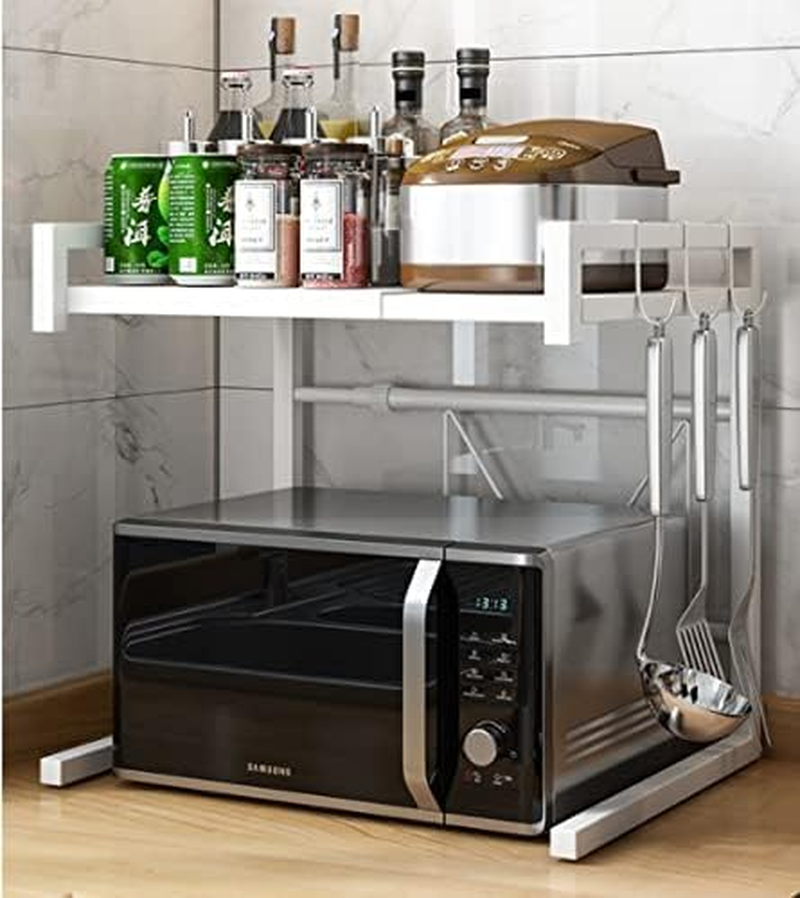 QNA Multifunctional Microwave Shelf, U Shape 2 Tier Oven Stand, Kitchen Storage & Organisation, Countertop Organizer with Adjustable Width (Black)