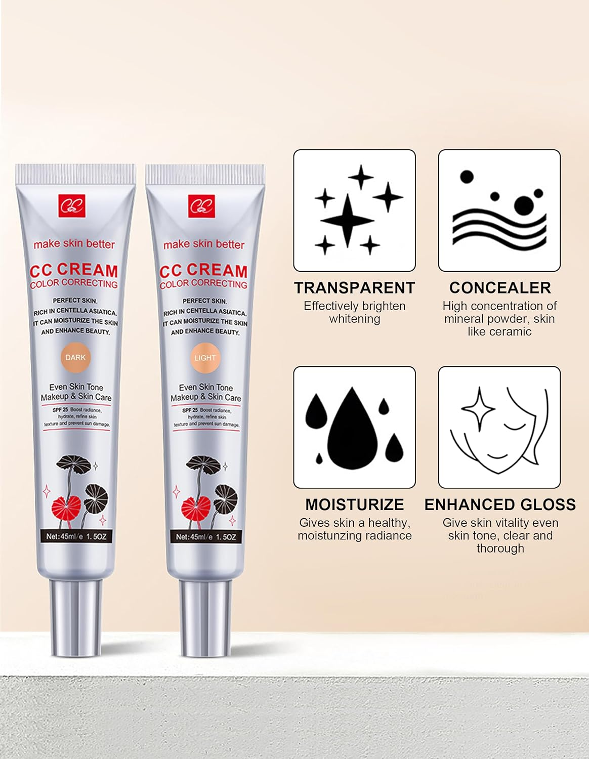 Erinde Color Correcting CC Cream with Centella, Women Lightweight CC Cream Foundation with SPF 25, Color Correcting Cream, Medium Coverage CC Cream Foundation, Natural Finish #02 - 01 image number 7