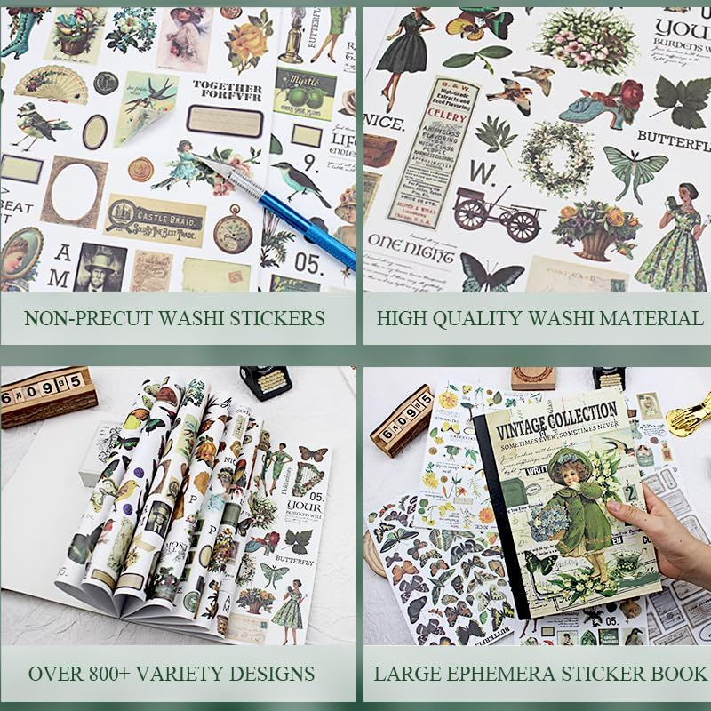 Diuhofart Vintage Scrapbooking Sticker Book for Adults - 800+ Washi Journaling Stickers Ephemera Book for Junk Journal Supplies DIY Crafts Arts Decorative 24 Sheets - Blue Vintage Collection Book image number 4