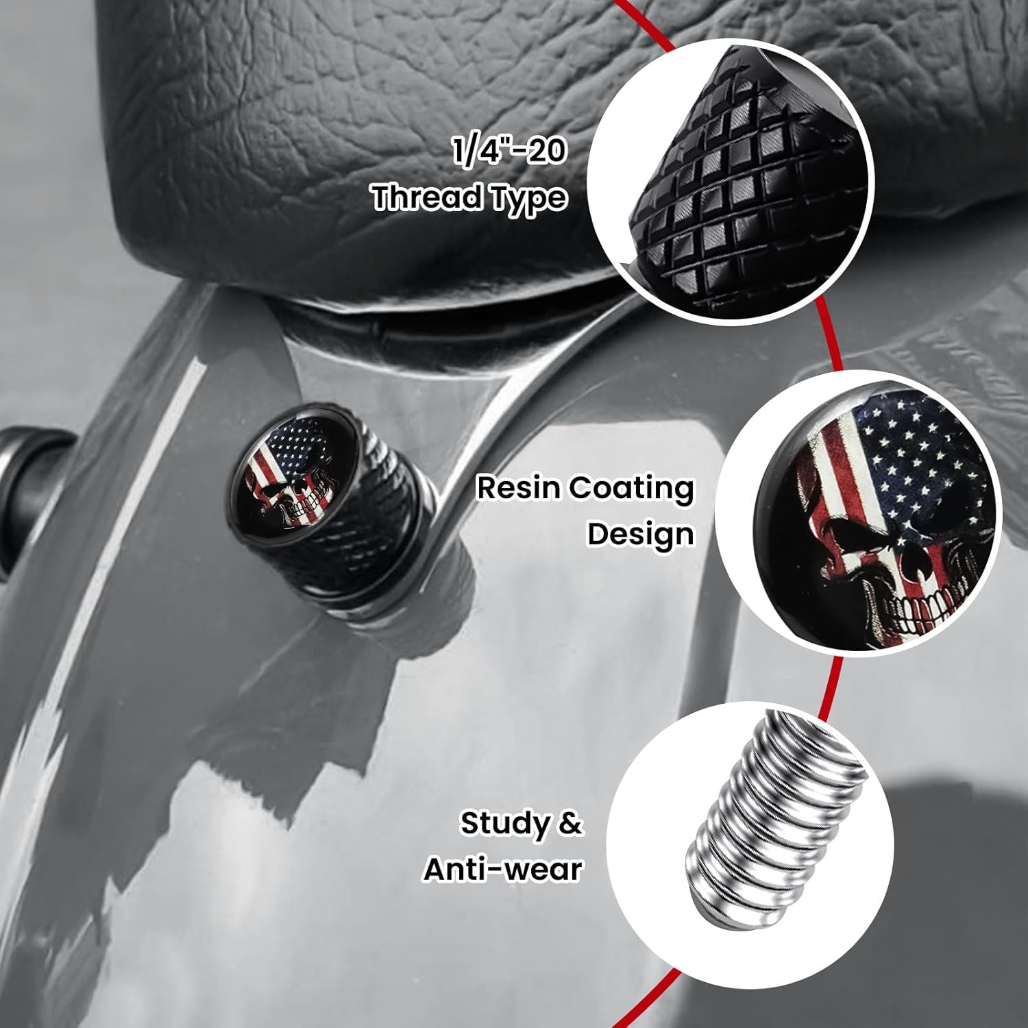 Stainless Knurled Fender Seat Bolt Screw 1/4"-20 Thread for Harley Davidson - American Skeleton - Black image number 5