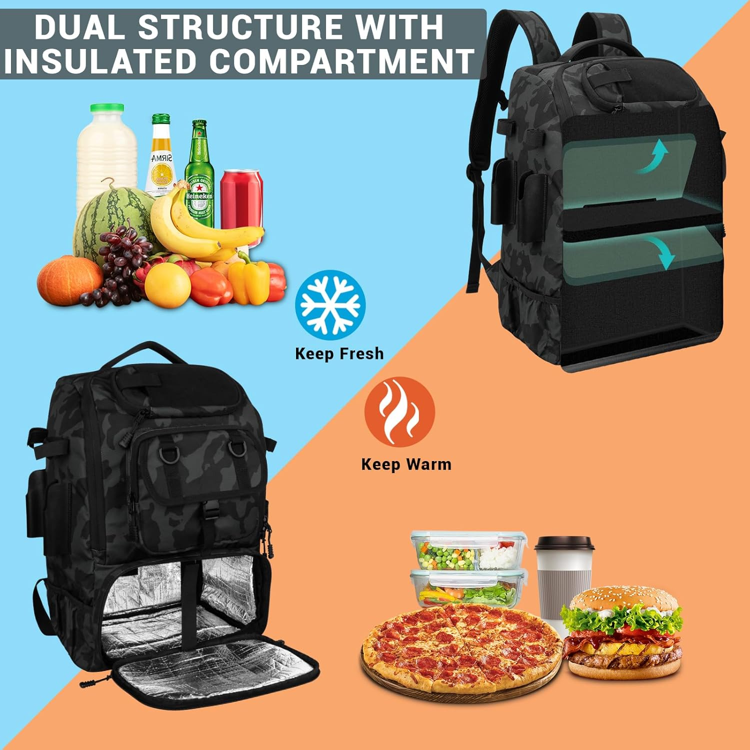 Fishing Backpack with Rod Holders,40L Large Water-Resistant Fishing Tackle Bag with Cooler,Tackle Box Backpack,Black image number 4