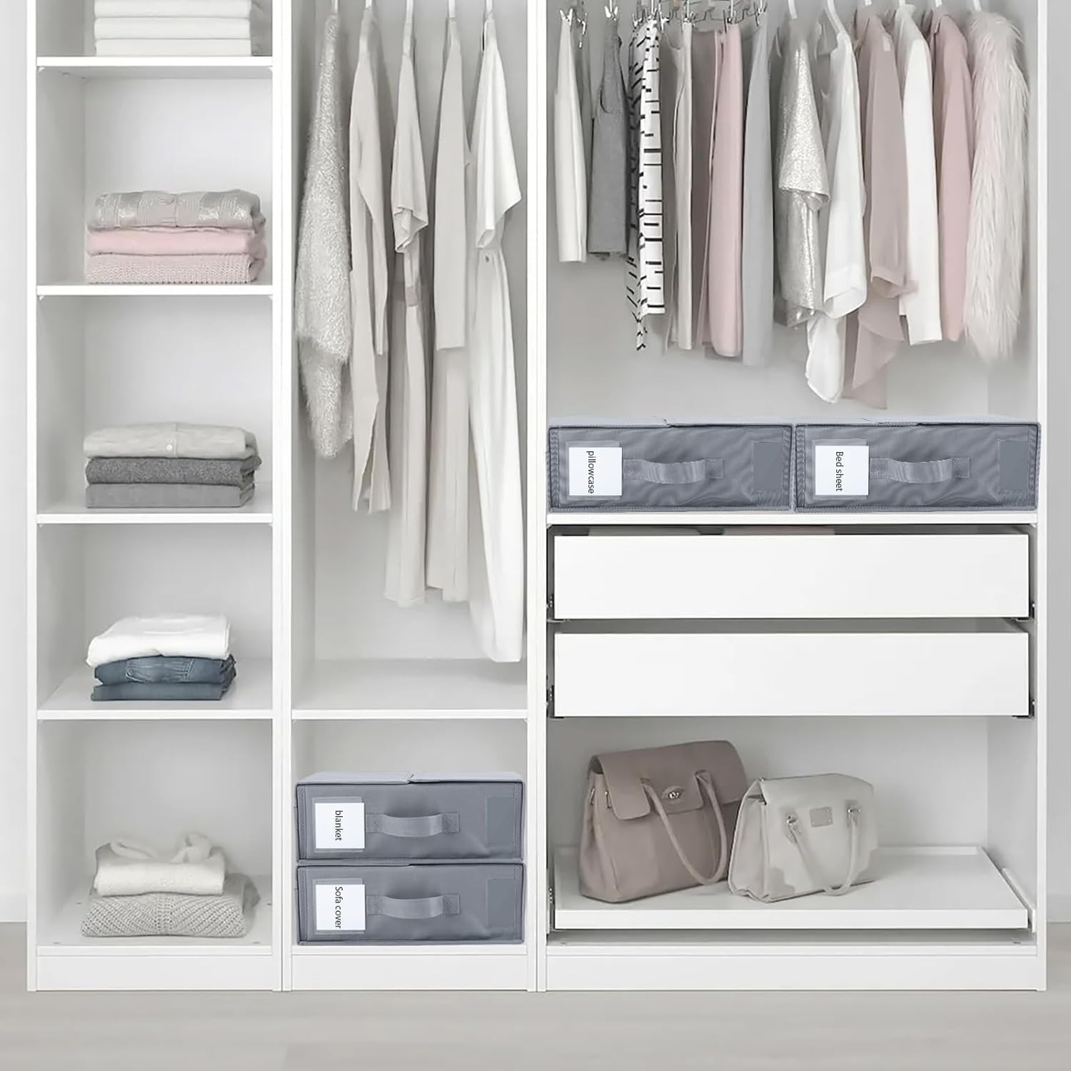 Bed Sheet Organizers and Storage, Shiexiu Collapsible Oxford Cloth Closet Organizer with Window and Label, Bedding Organizer for Quilts, Pillowcases, Household Essentials (4 Pack) image number 3