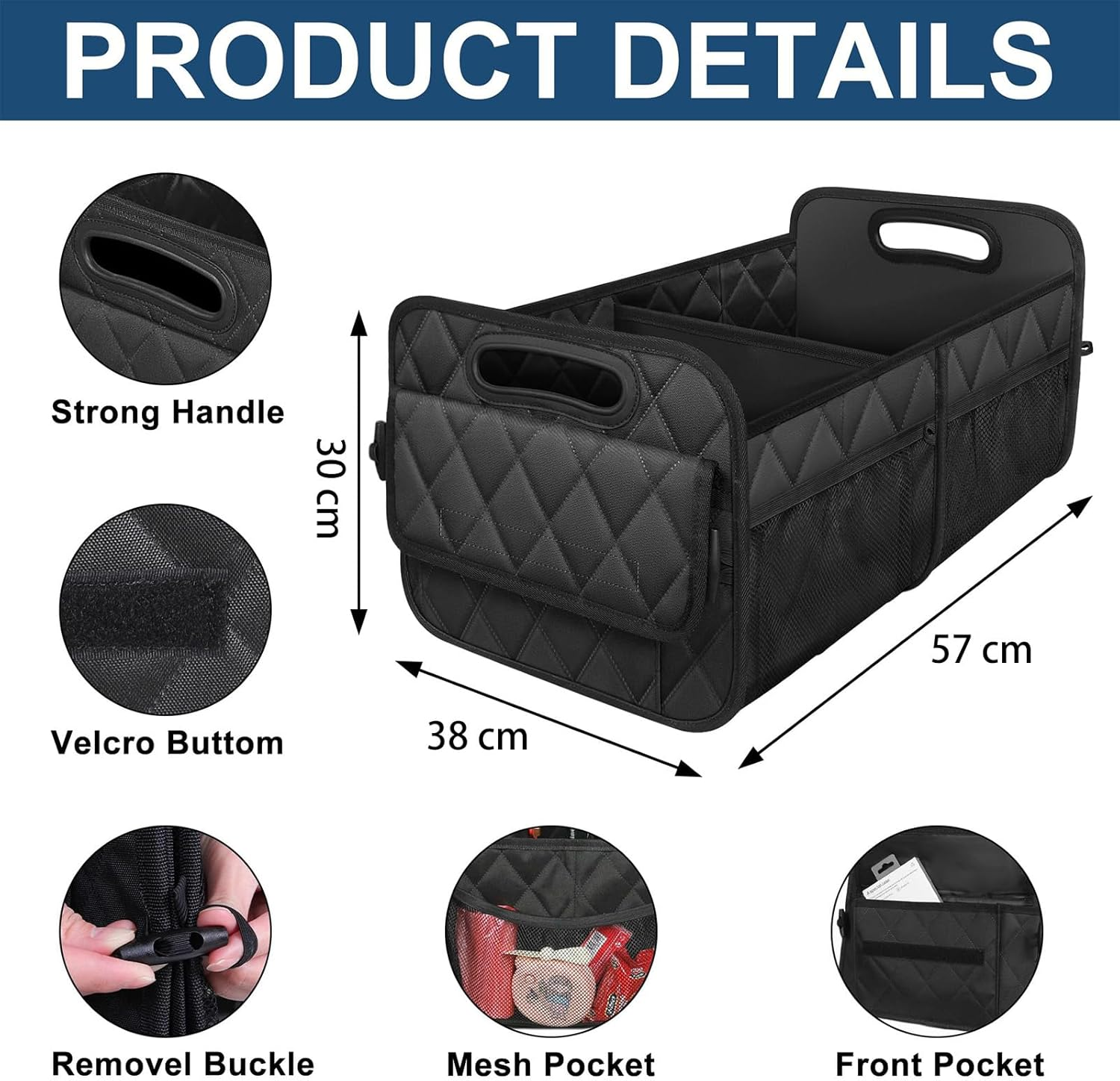 Car Trunk Organizer for SUV, 50L Waterproof Storage with 6 Pockets, Car Accessories for Women/Men, Black Polyester Organizer image number 2