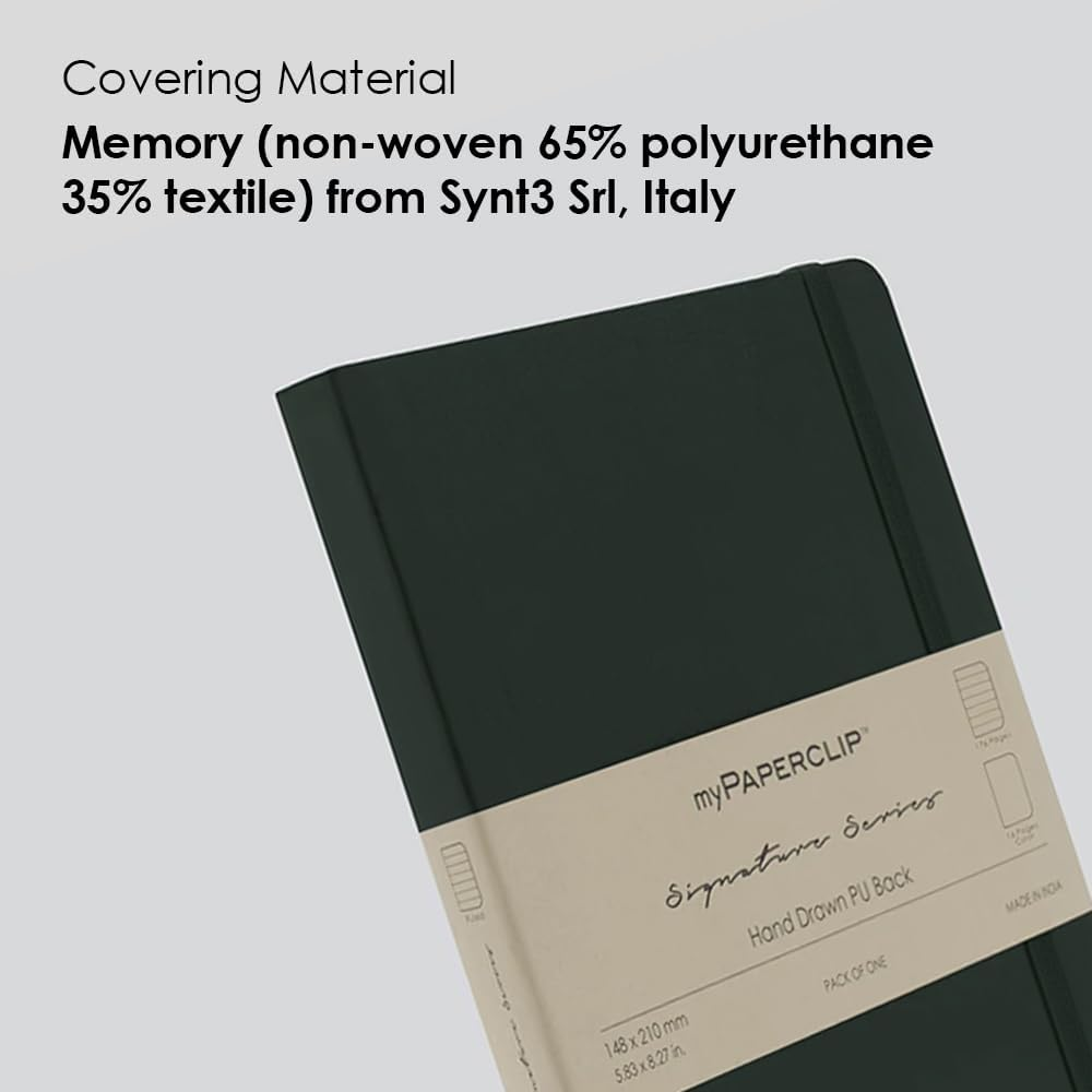 Mypaperclip Signature Series A5 Leather Lined Notebook | 192 Pages, 100 GSM, Italian Vegan Leather Soft Cover | Flat Lay | Bookmark & Elastic Closure | Green