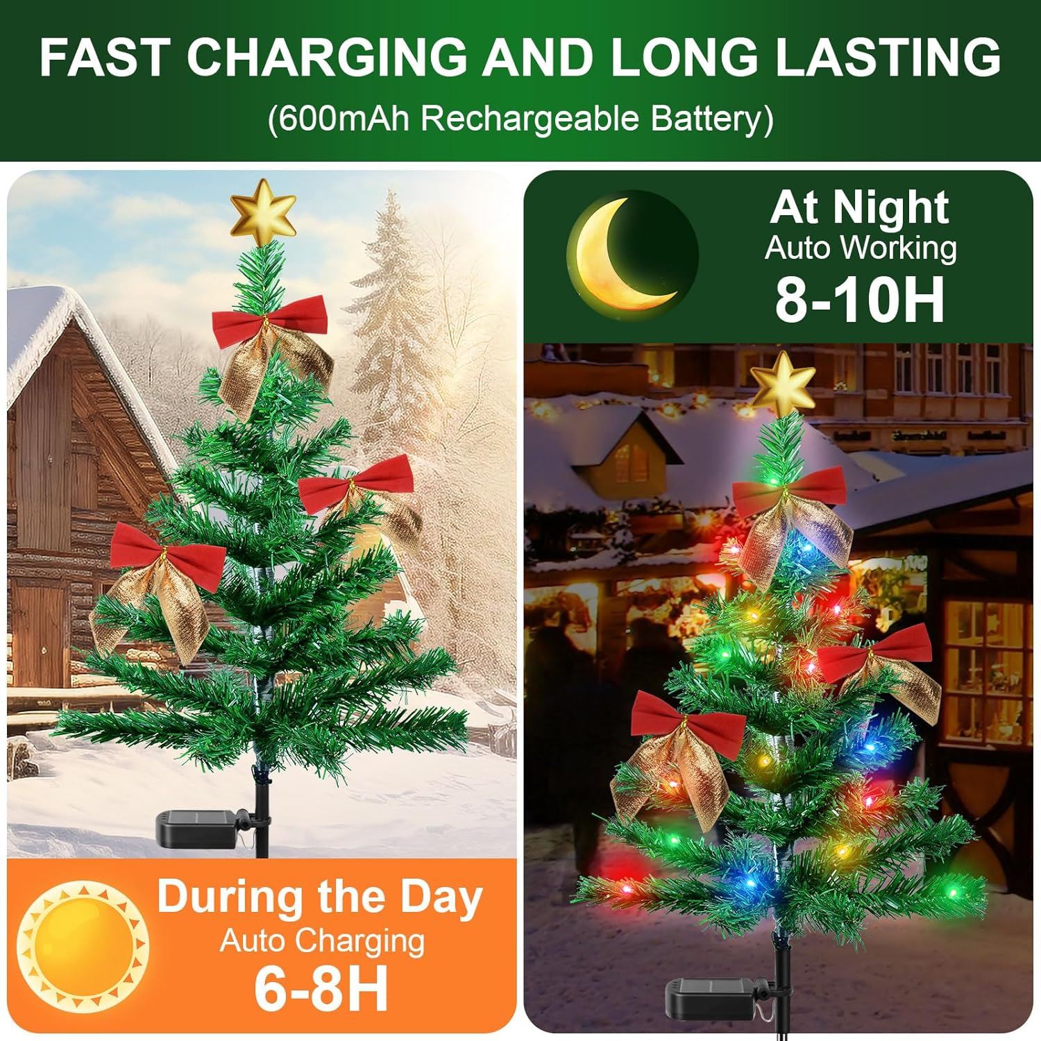 Ninonly 2 Pack Solar Christmas Tree Light, 85CM Solar Powered Outdoor Christmas Tree Garden Lights with 30 Leds Bows Stars Ornaments, Waterproof Solar Xmas Tree Stake for Yard Pathway Walkway image number 5