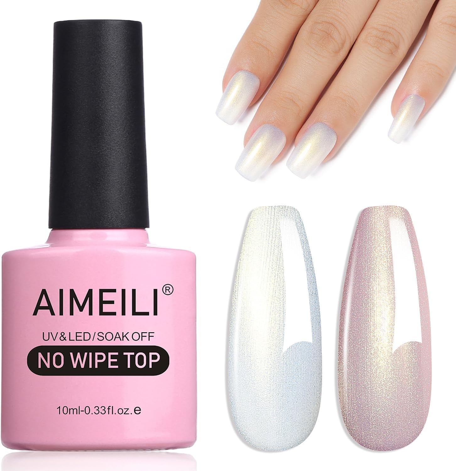 AIMEILI Hema Free Gel Nail Polish Pearl Top Coat, Cruelty Free, Vegan, 2 in 1 Pearlescent Glitter Glossy Shiny No Wipe Gel Top Coat 005